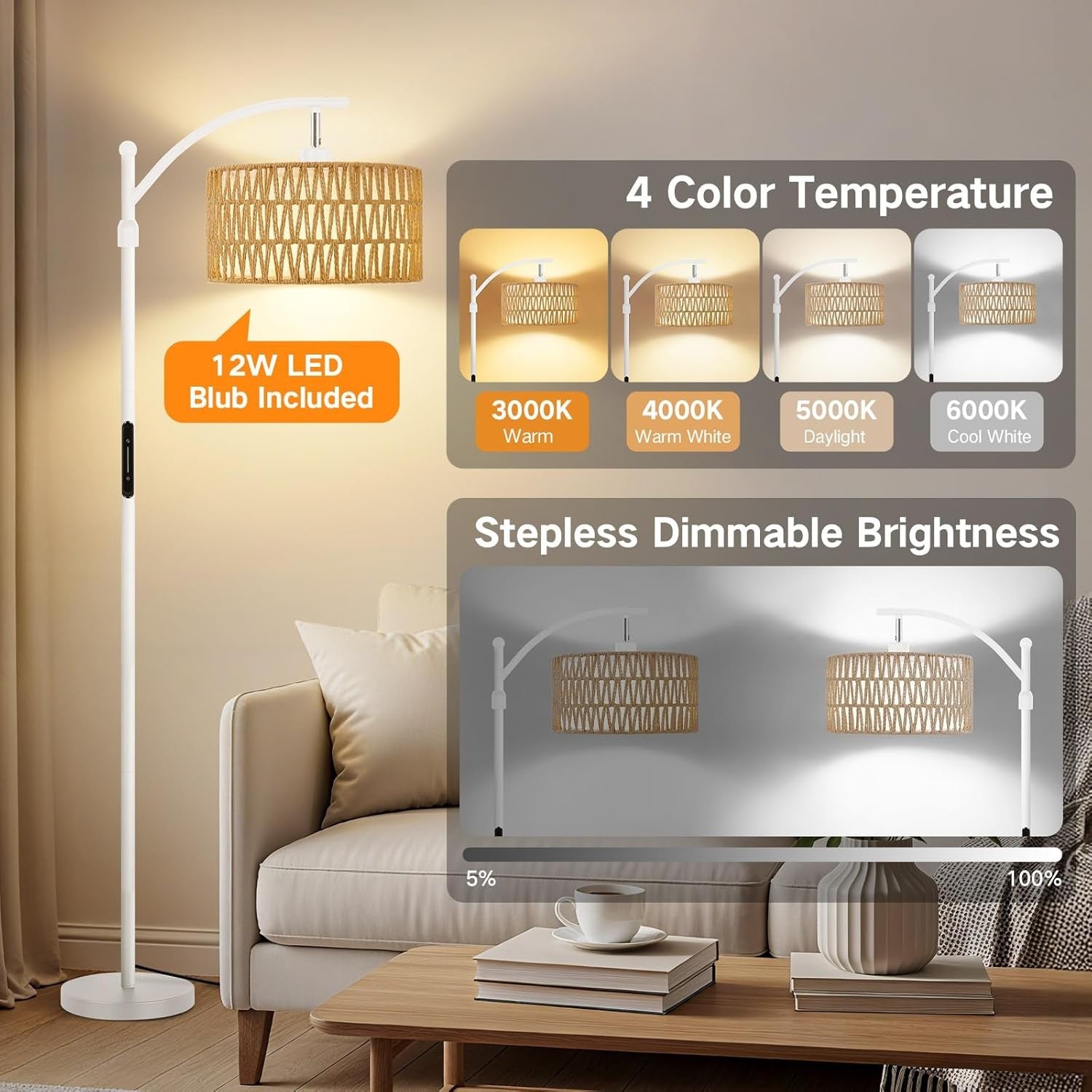 Smart Rattan Floor Lamp Remote App Dimmable Adjustable LED Boho Standing Light