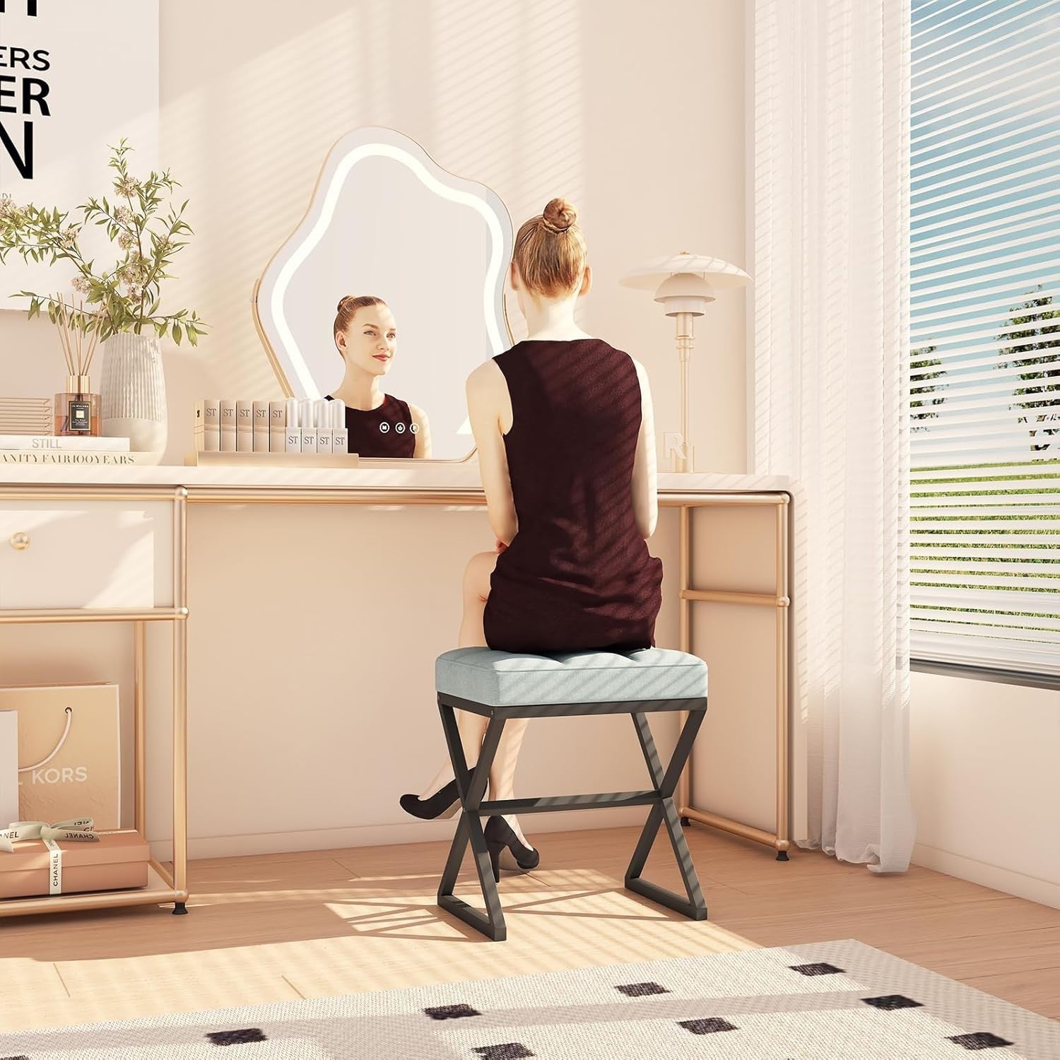 Blue Grey Linen Vanity Stool with X-Shaped Metal Legs Footrest Bench 40x30x46cm
