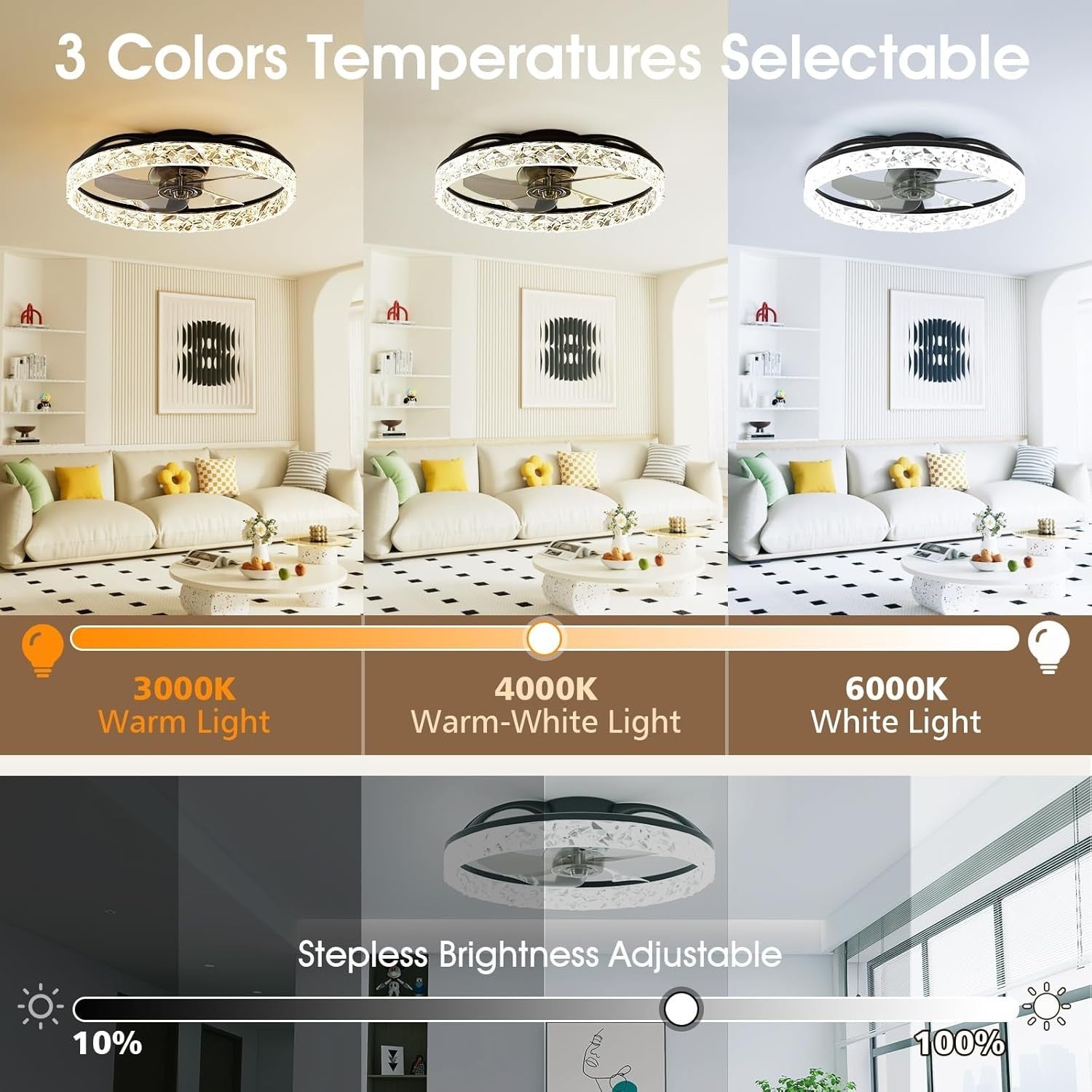 60CM LED Ceiling Fan Light, Remote & App Control, 6 Speeds, Black
