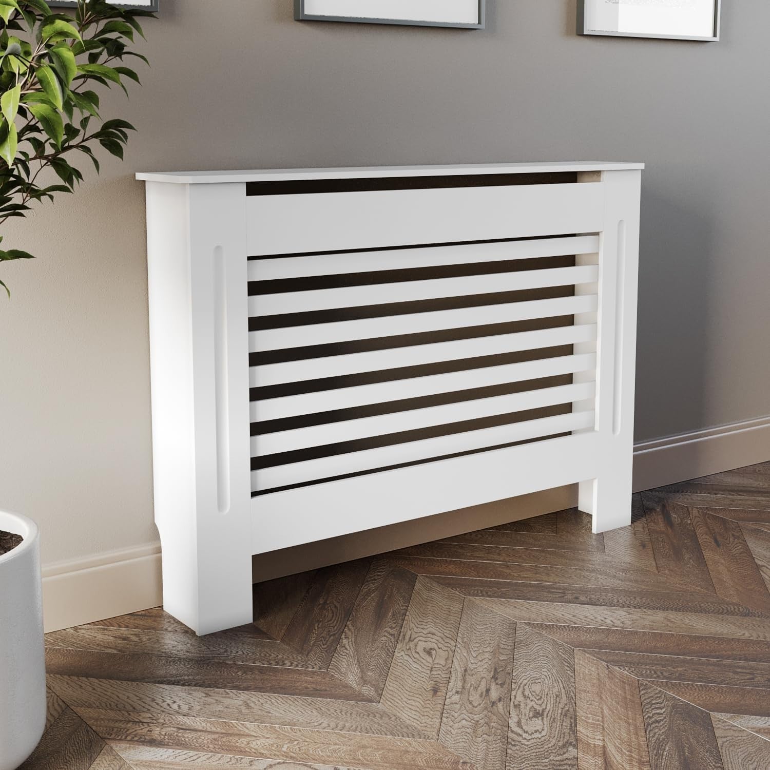 Medium White Radiator Cover Modern MDF Cabinet Horizontal Slat W112xH81.5cm