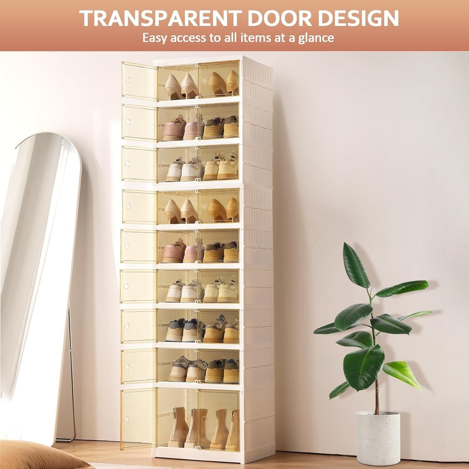 9-Tier Foldable Shoe Cabinet with Transparent Doors, 44x34.5x169 cm