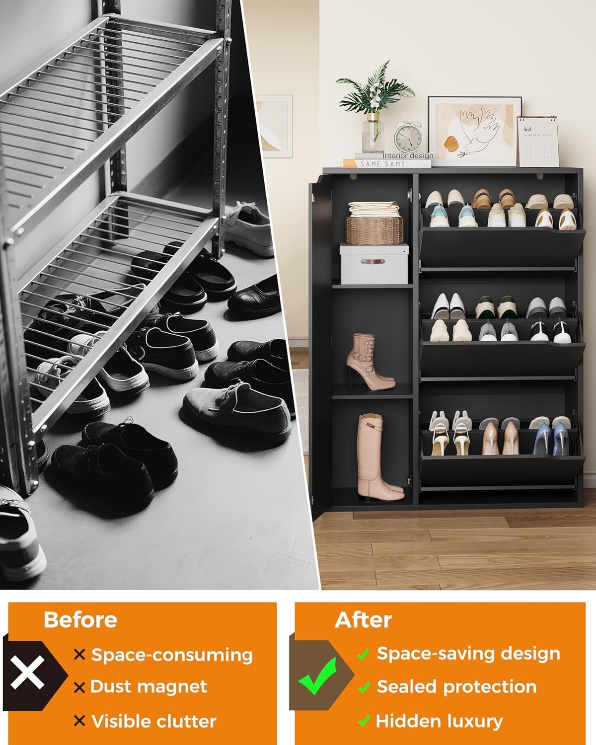 Modern 3-Door Flip Shoe Cabinet with Adjustable Shelves & Boot Storage