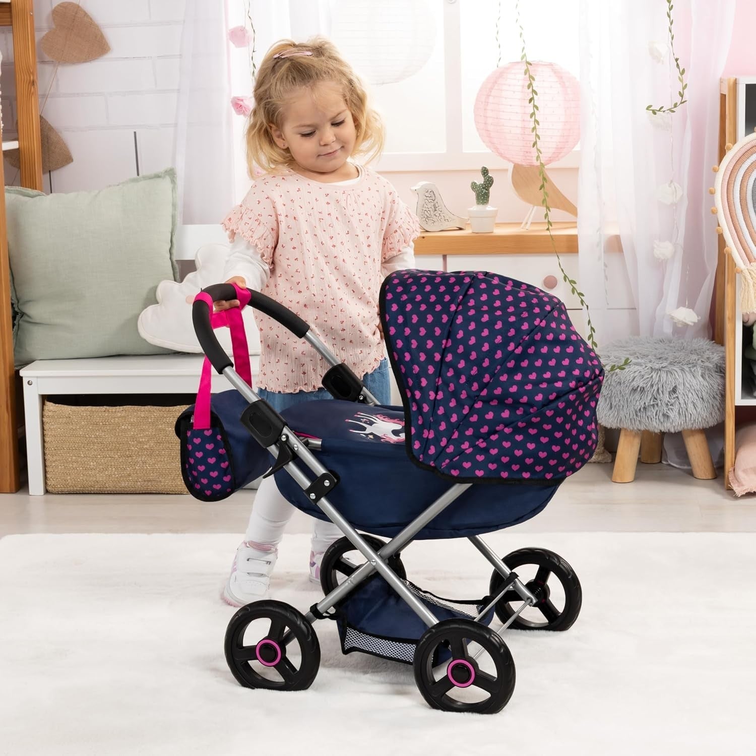 Dolls Pram Cosy Pushchair Foldable with Bag Blanket Pillow Basket