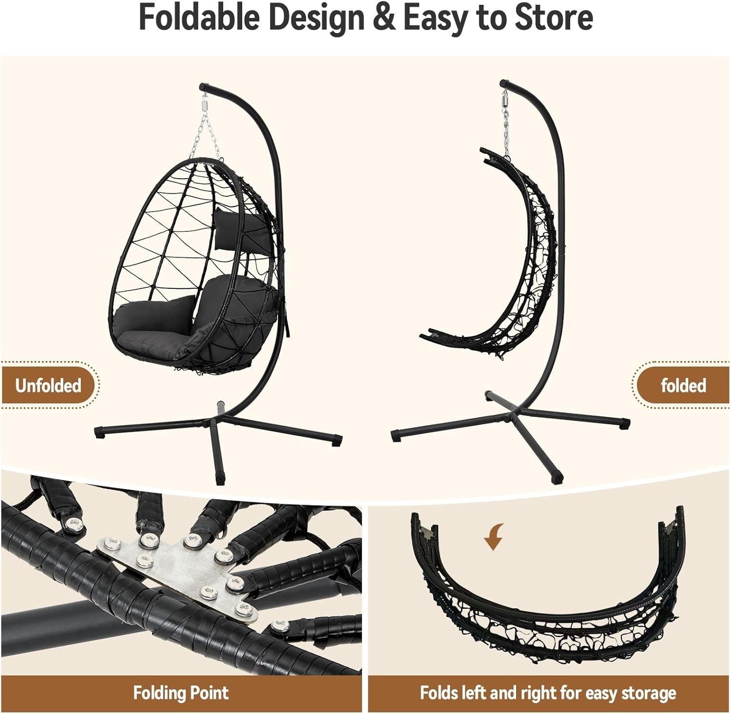 Hanging Egg Chair with Stand Cushioned Rattan Swing Seat Indoor Outdoor