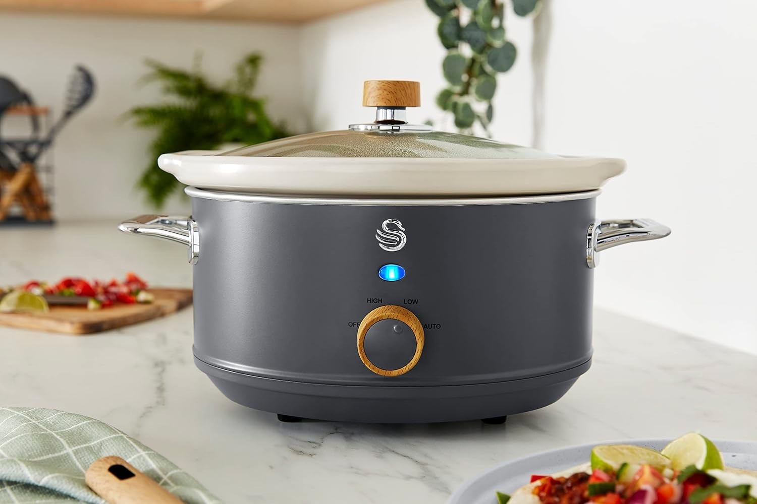 3.5L Ceramic Slow Cooker 3 Temp Settings Warm Function Non-Stick Pot Grey