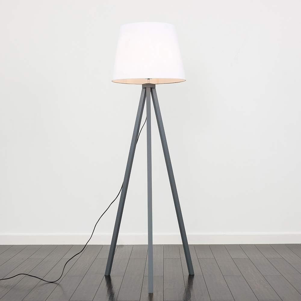 Grey Wooden Tripod Floor Lamp White Tapered Shade Living Room Light