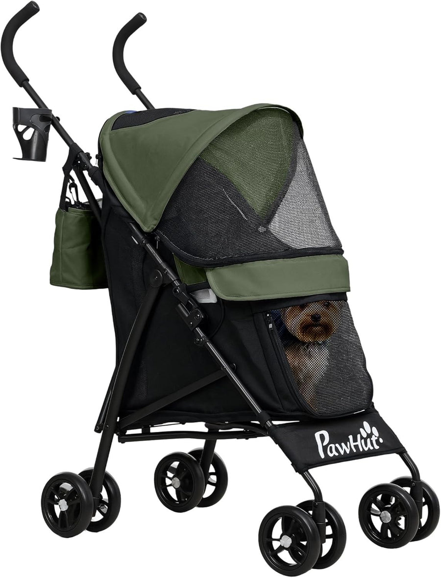 Lightweight Dog Stroller Foldable Pet Pram with Strap Cup Holder Green