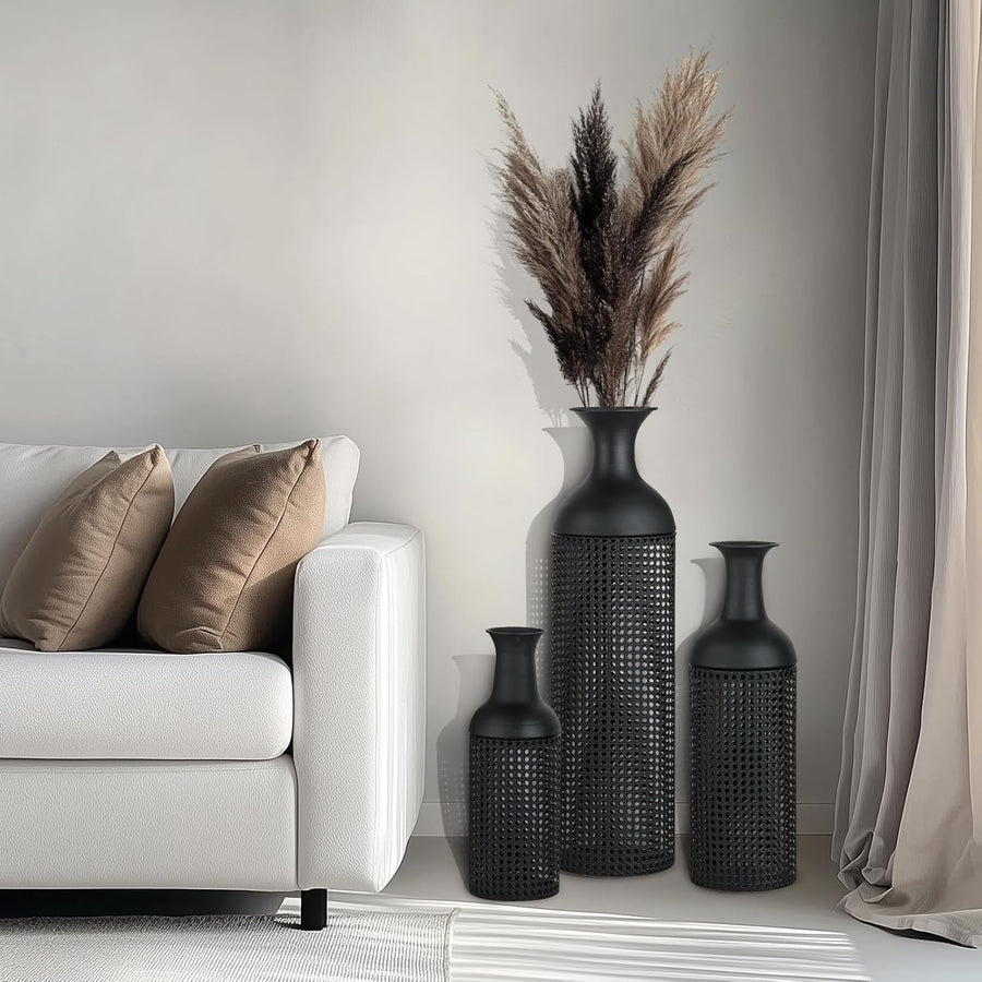 Black Metal Floor Vase Set Tall Modern Living Room Decor 3pcs Statement