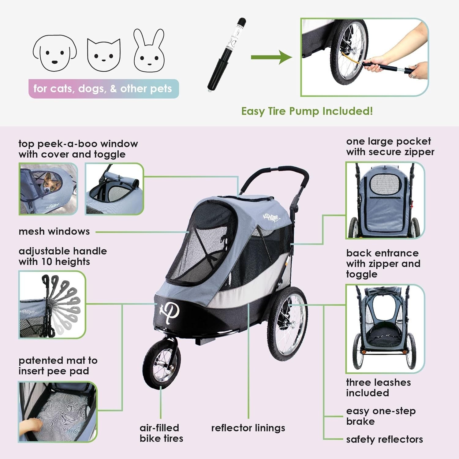 Large Dog Stroller 3 Wheel Jogger Pet Pram Grey for Medium Large Dogs