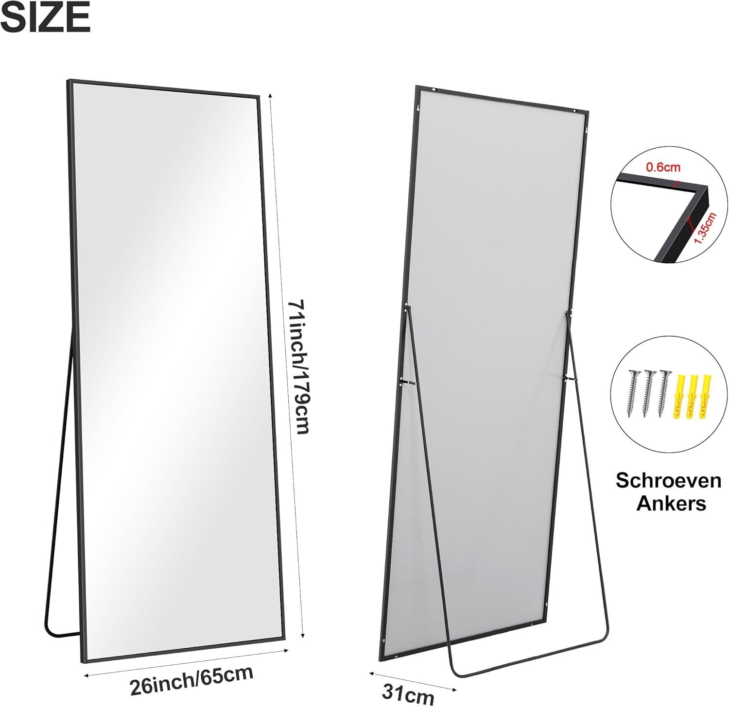 Full Length Mirror 179x65cm Wall Leaning Floor Mirror Black Aluminium Frame