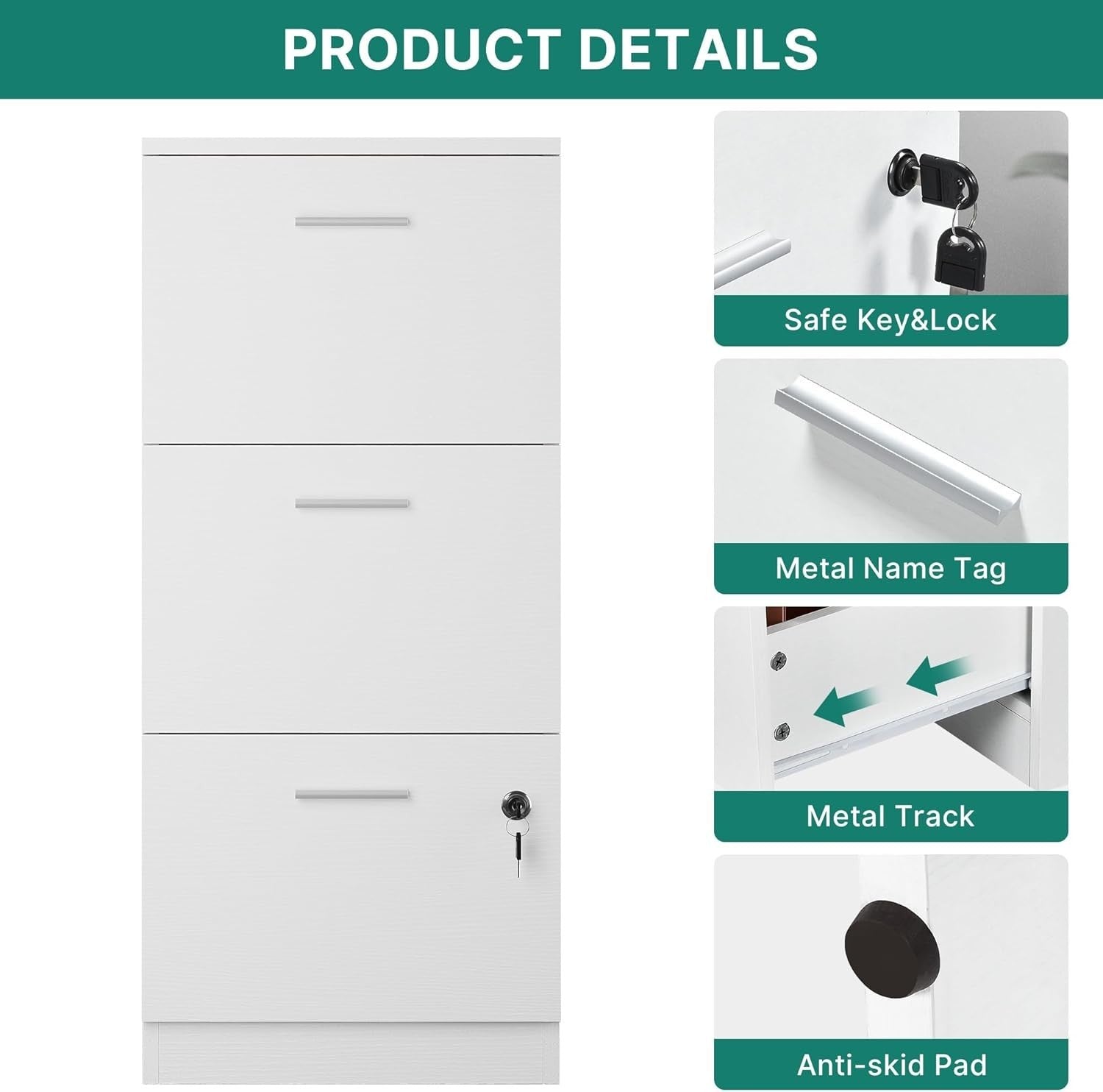 White 3-Drawer Lockable File Cabinet 40×40×101cm A4 Vertical Storage