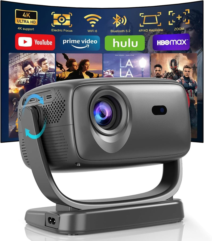 Smart 1080P Projector WiFi 6 Bluetooth 4K Support 26000L 180°
