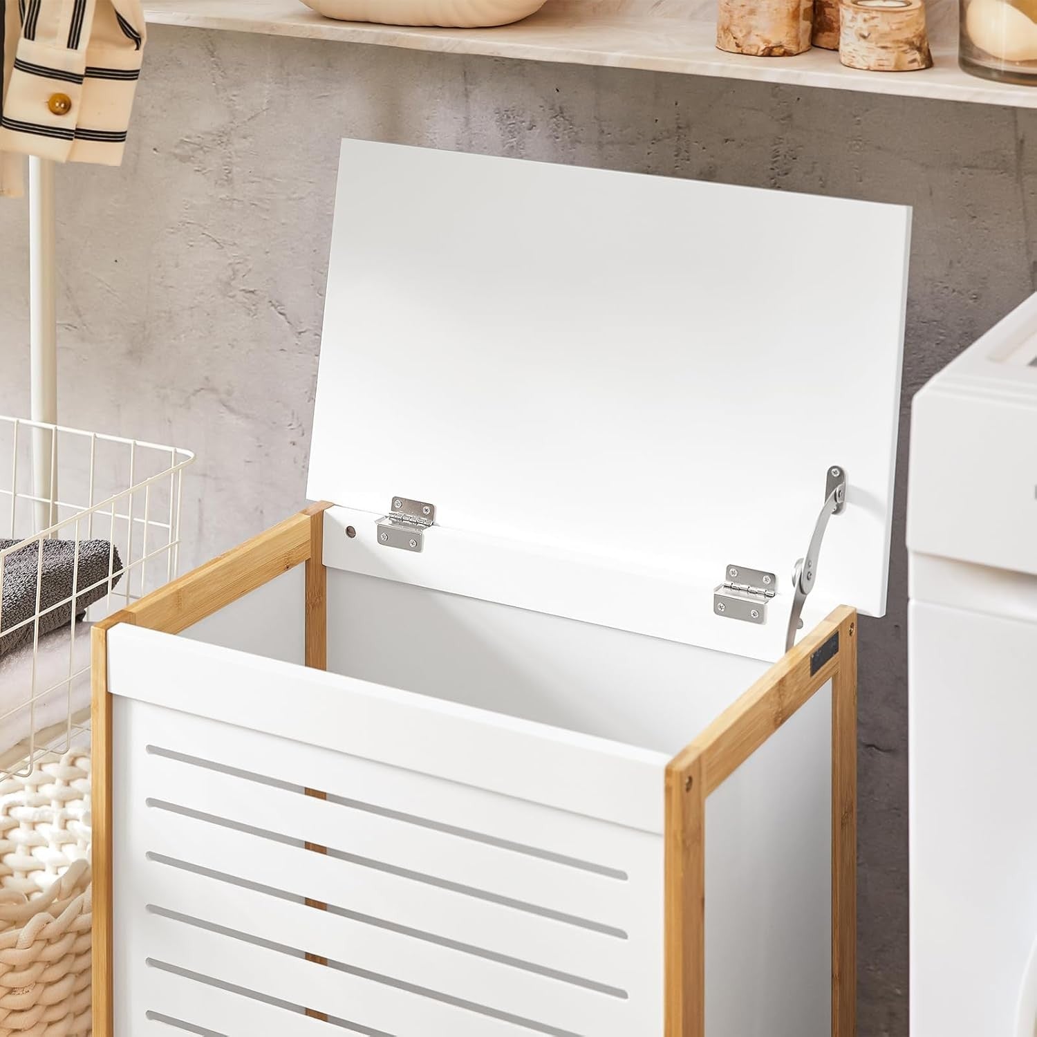 Modern Laundry Basket with Hinged Lid, 50x30x60cm Storage Hamper, Bamboo Frame