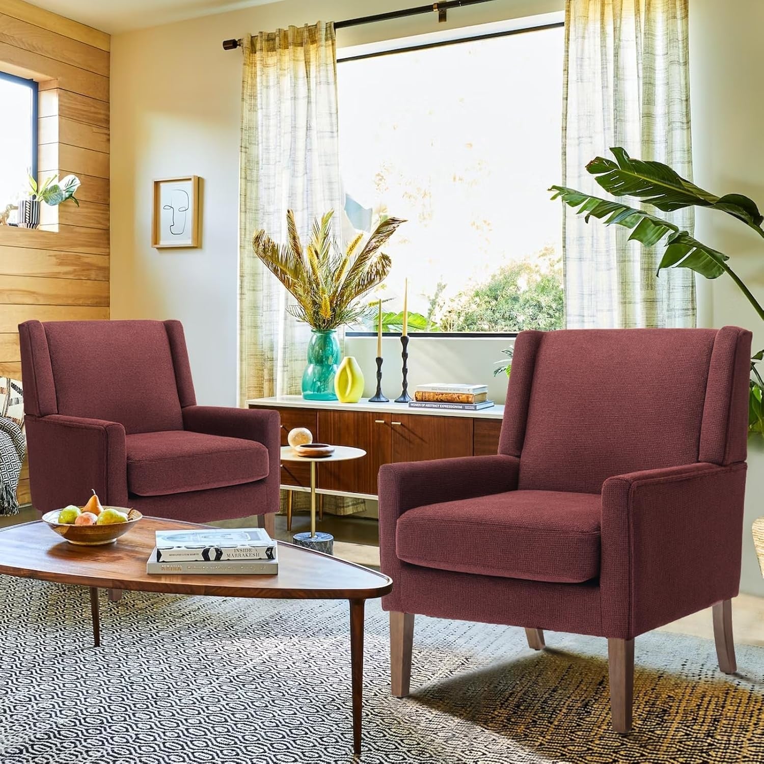 Red Wingback Accent Armchairs Set of 2 Upholstered Wood Legs