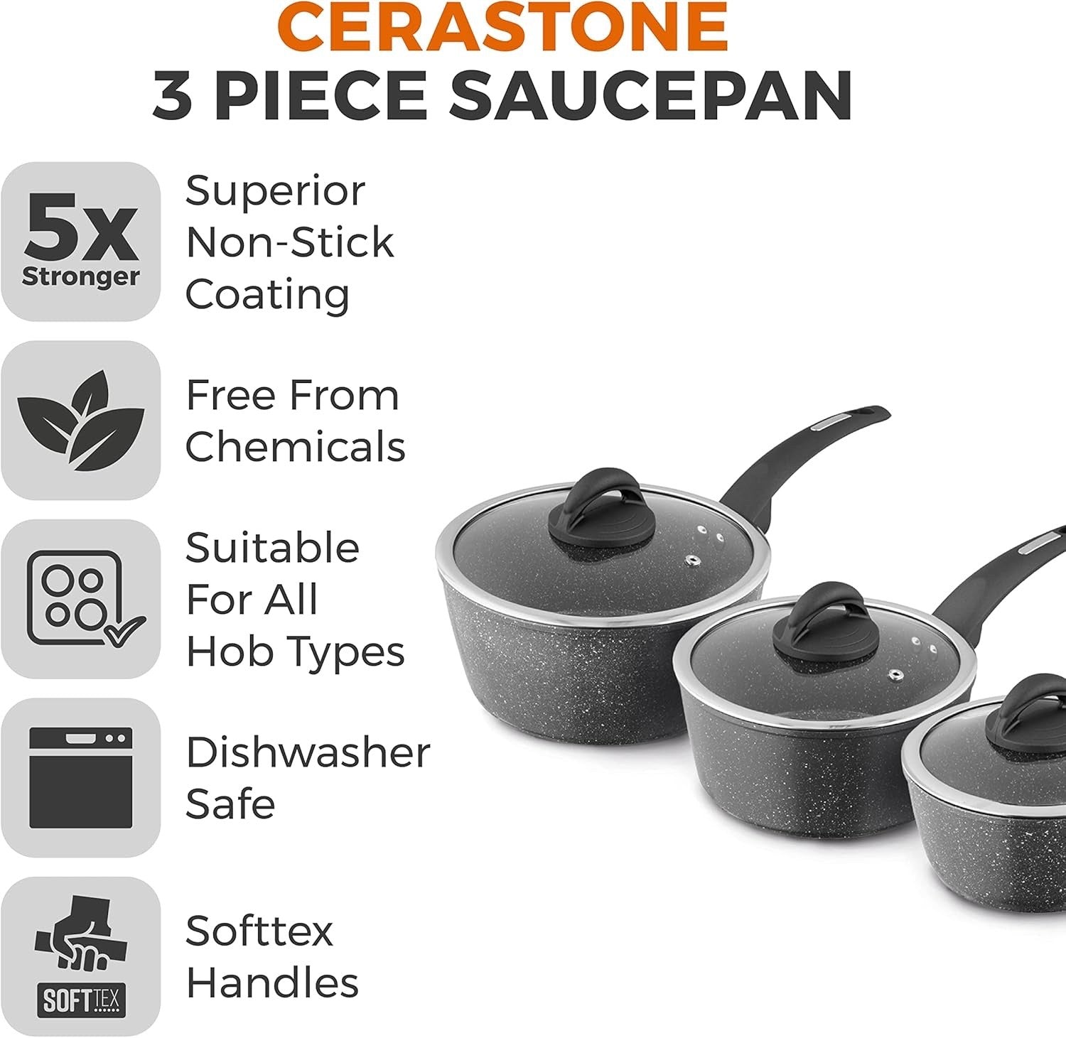 3pcs Graphite Non Stick Induction Saucepan Set 18/20/22cm with Glass Lids