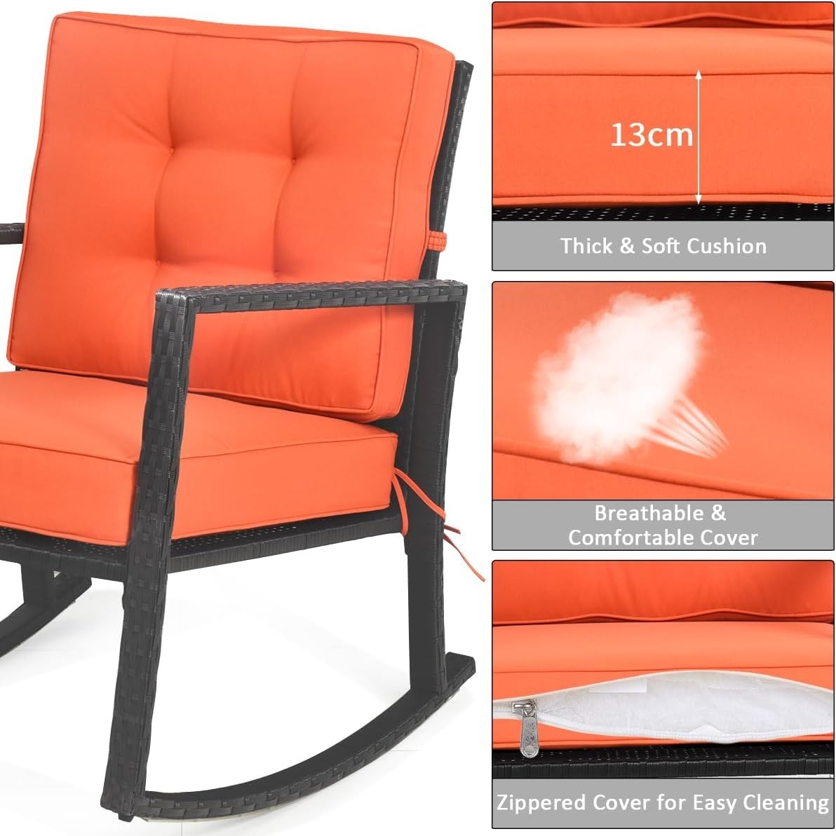Outdoor Wicker Rocking Chair with Cushions & Armrest for Patio Comfort