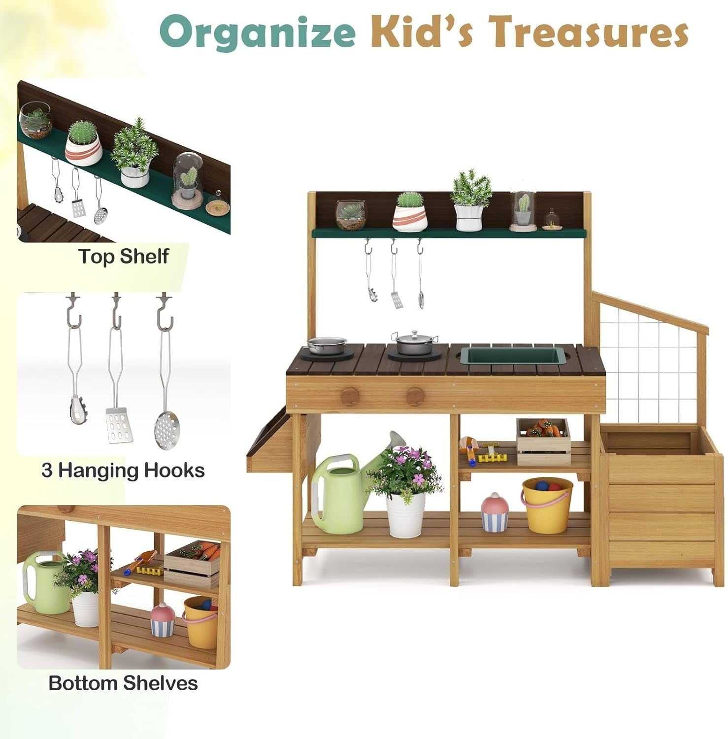 Outdoor Mud Kitchen Kids Garden Potting Bench Sink Wooden Playset