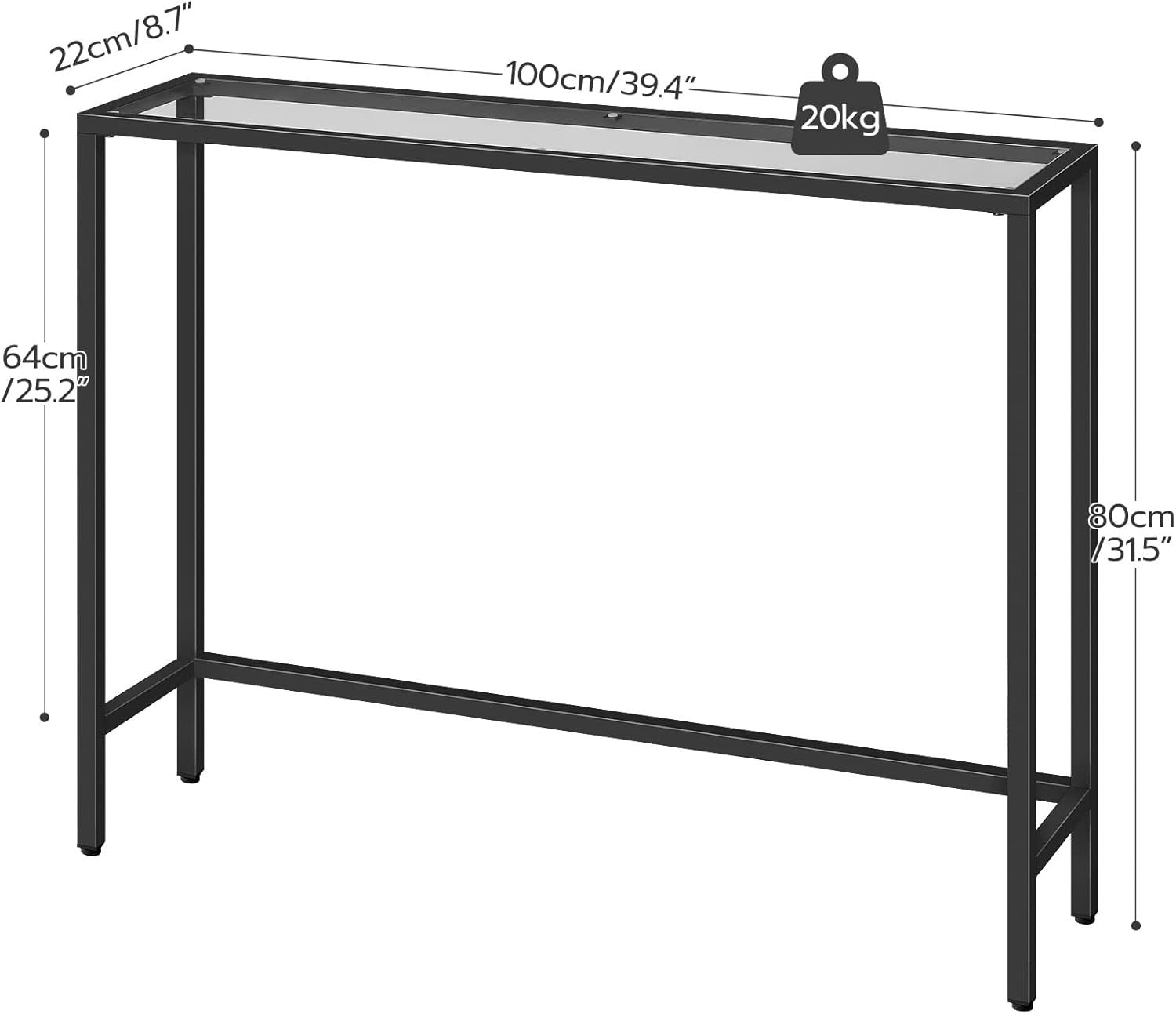 Slim Black Console Table with Tempered Glass, Adjustable Feet, 100x22x80 cm