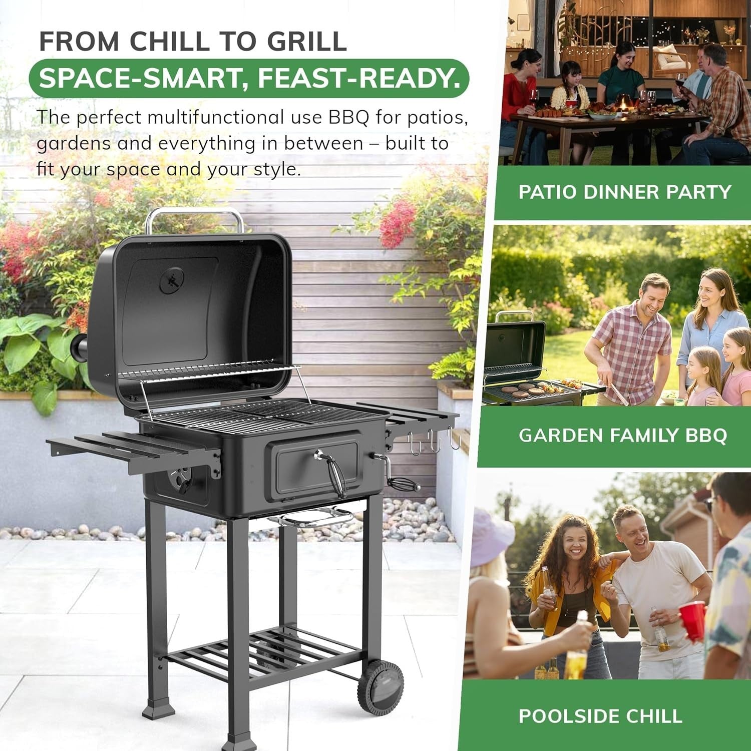 XL Charcoal BBQ Smoker Grill | Adjustable Chimney & Airflow | Dual Side Tables