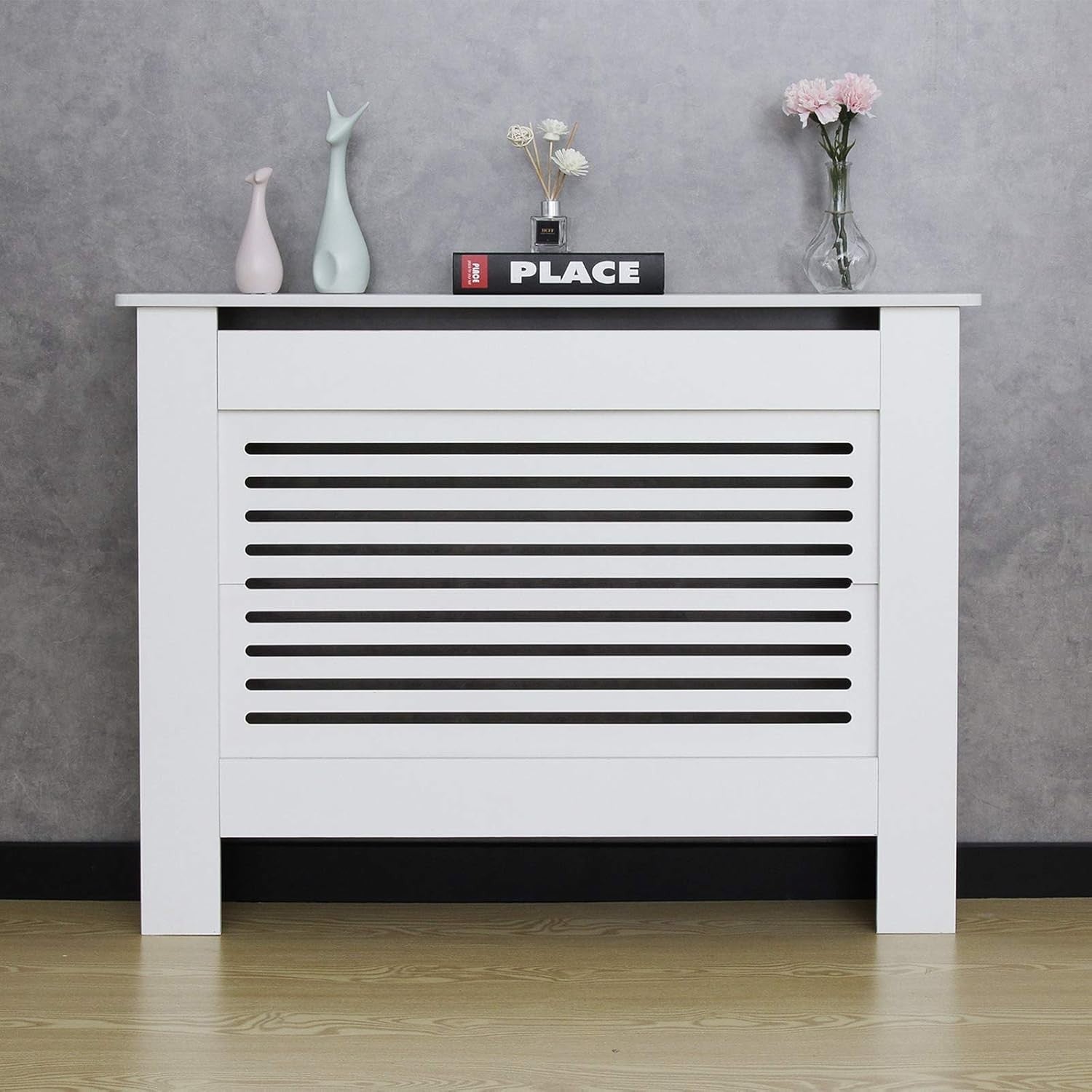 Modern White Radiator Cover MDF Cabinet 109cm Horizontal Slat Decorative Unit