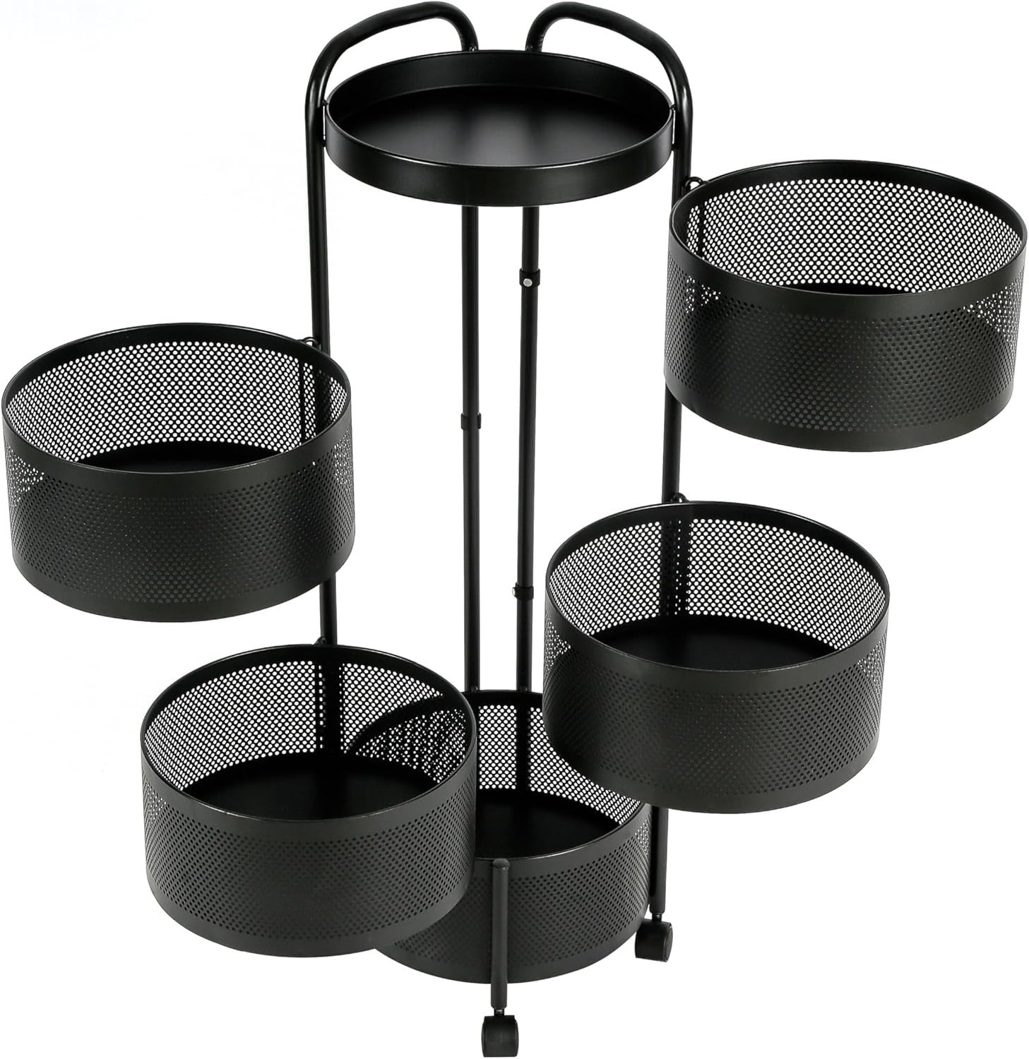 5 Tier Rotating Fruit Basket Trolley Rolling Metal Storage Cart Black