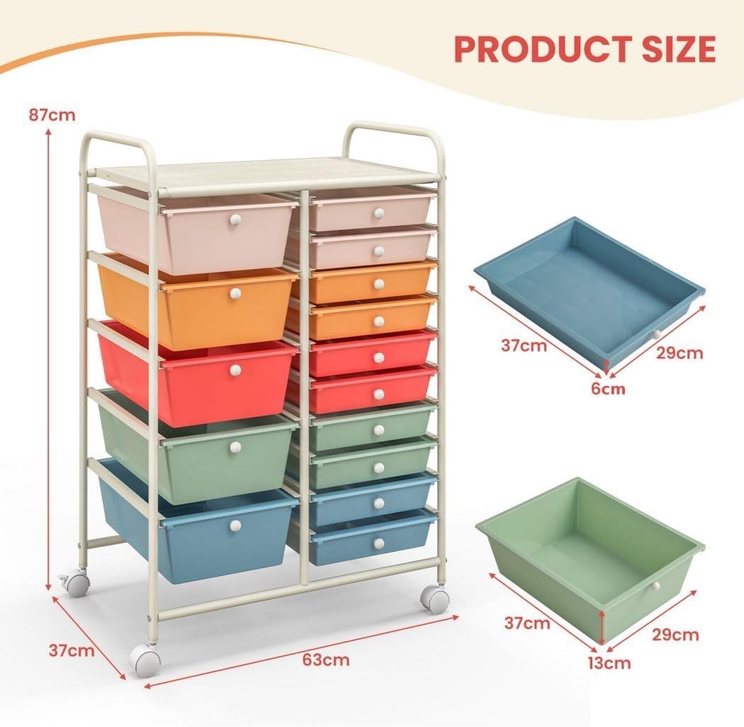 15 Drawer Rolling Storage Cart Colorful Utility Organizer Trolley