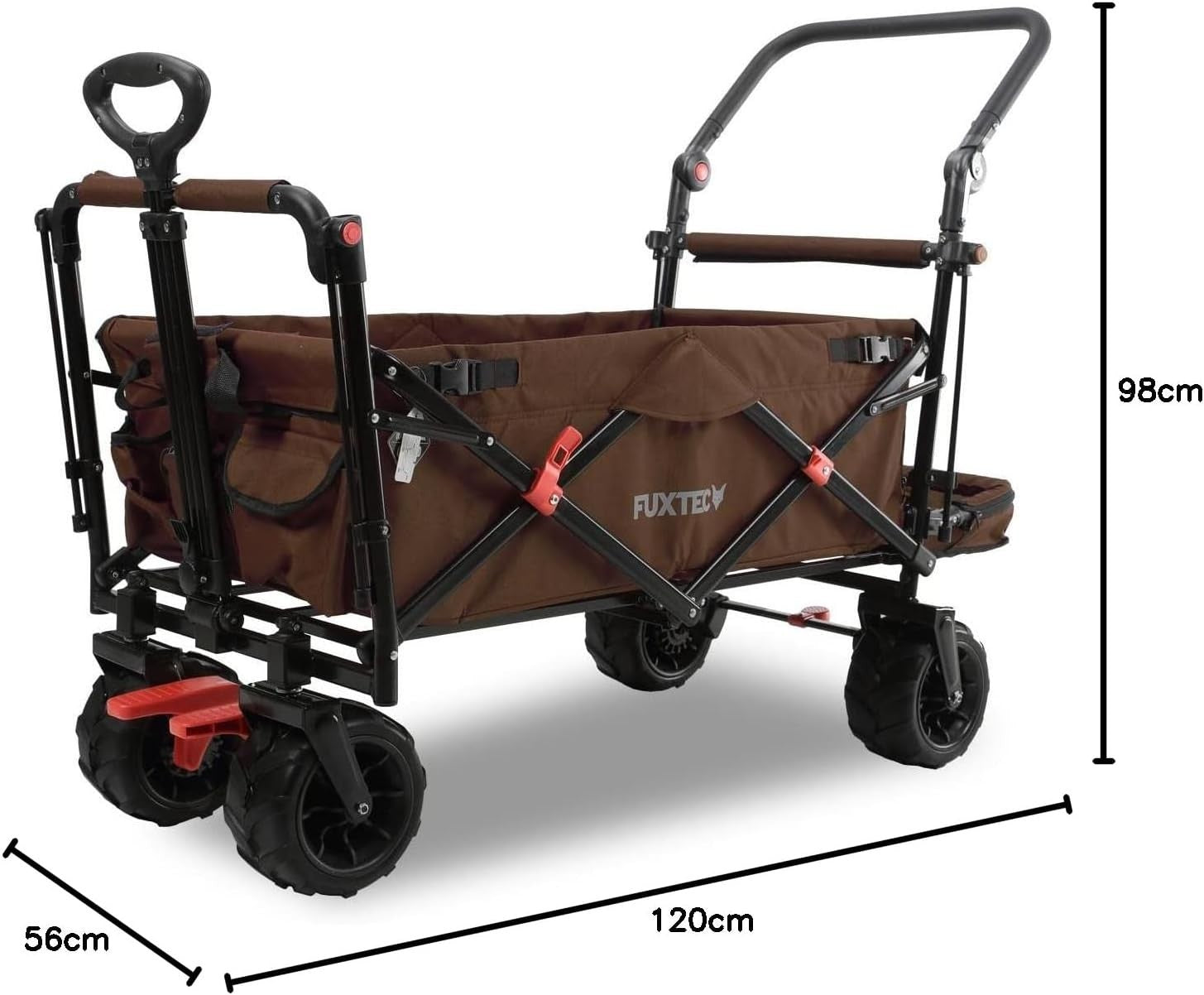 Brown Beach Wagon Foldable Cart w/ Roof Extra-Wide Wheels Push Handle & Brake