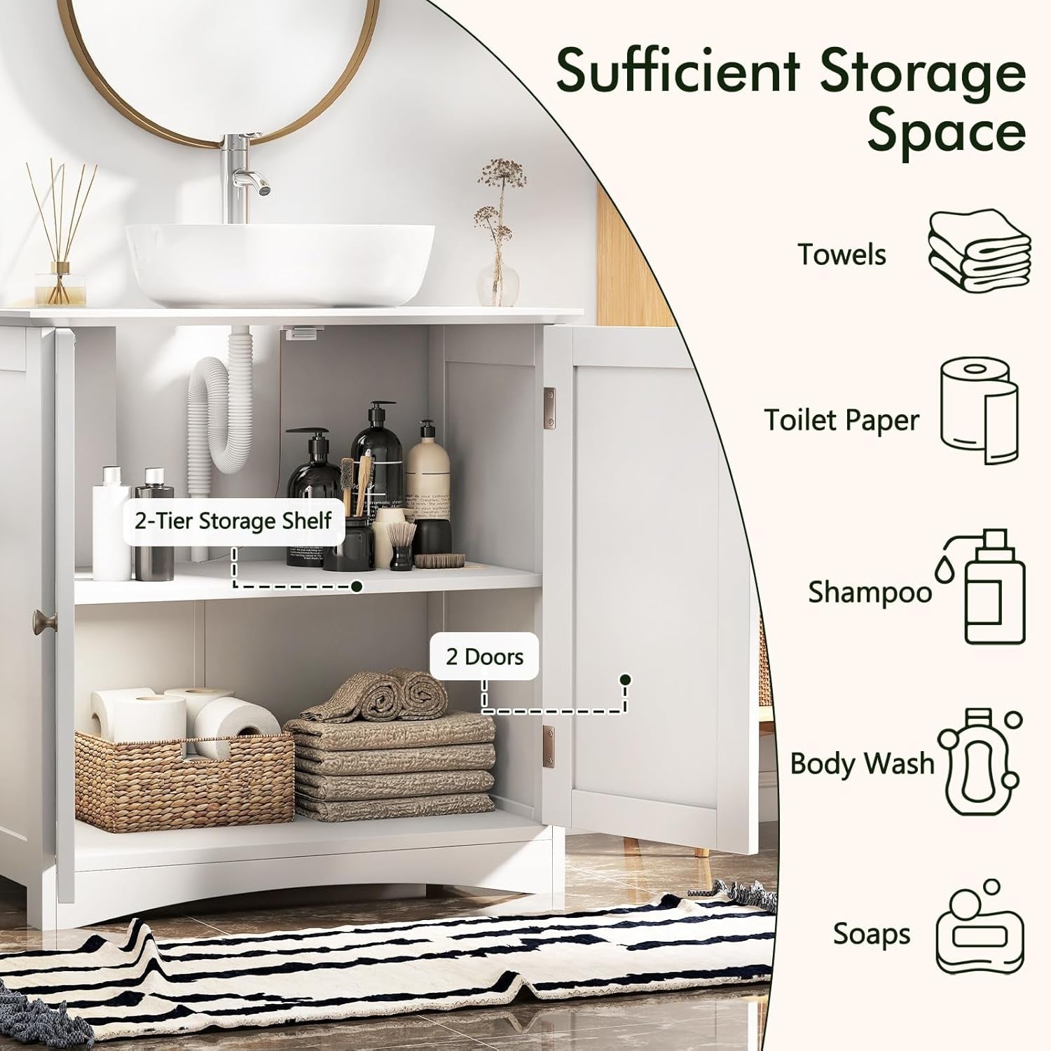 White Under Sink Bathroom Cabinet with 2 Doors & Shelf – Freestanding Storage Un