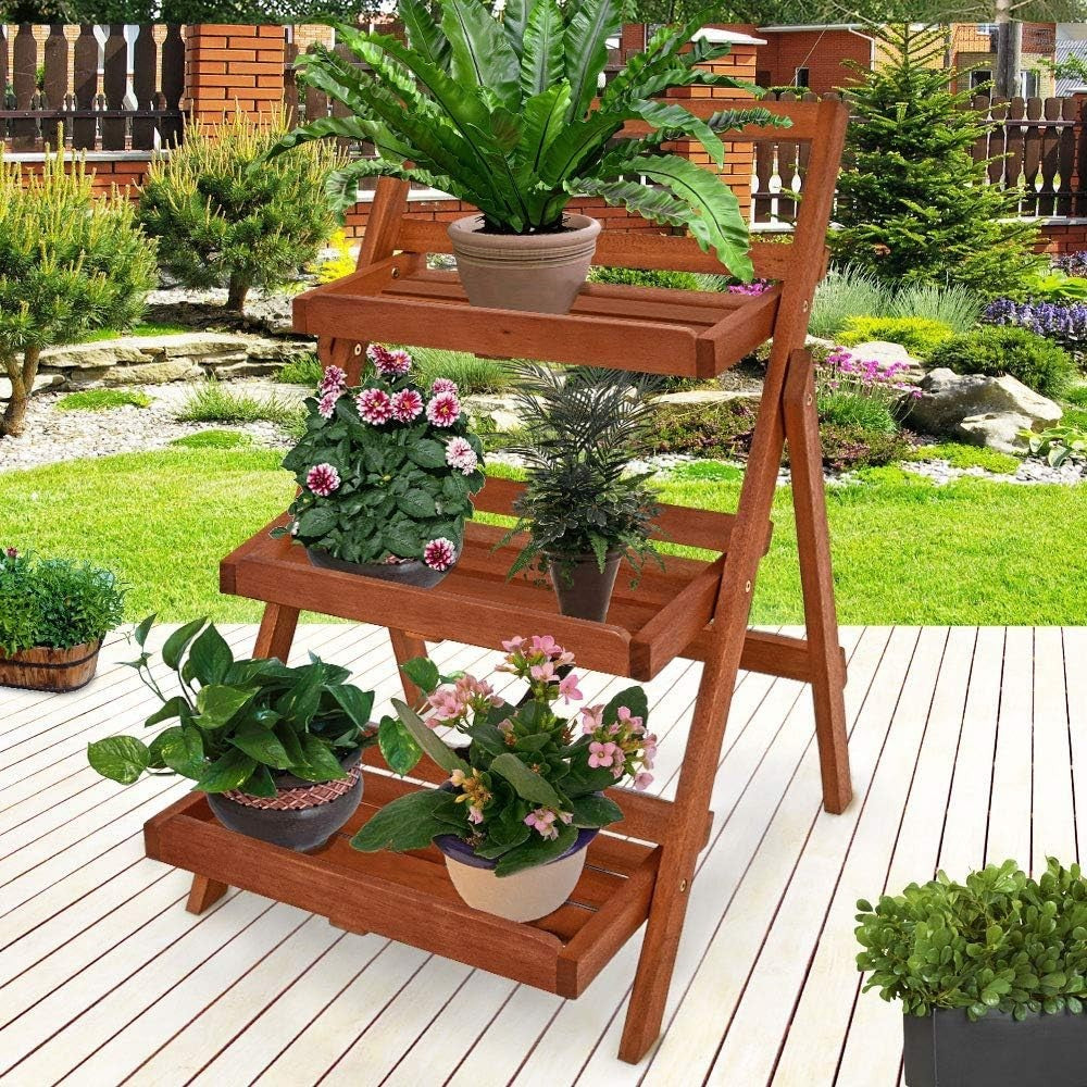 3-Tier Folding Wooden Plant Stand Indoor Outdoor Acacia Ladder Shelf Rack