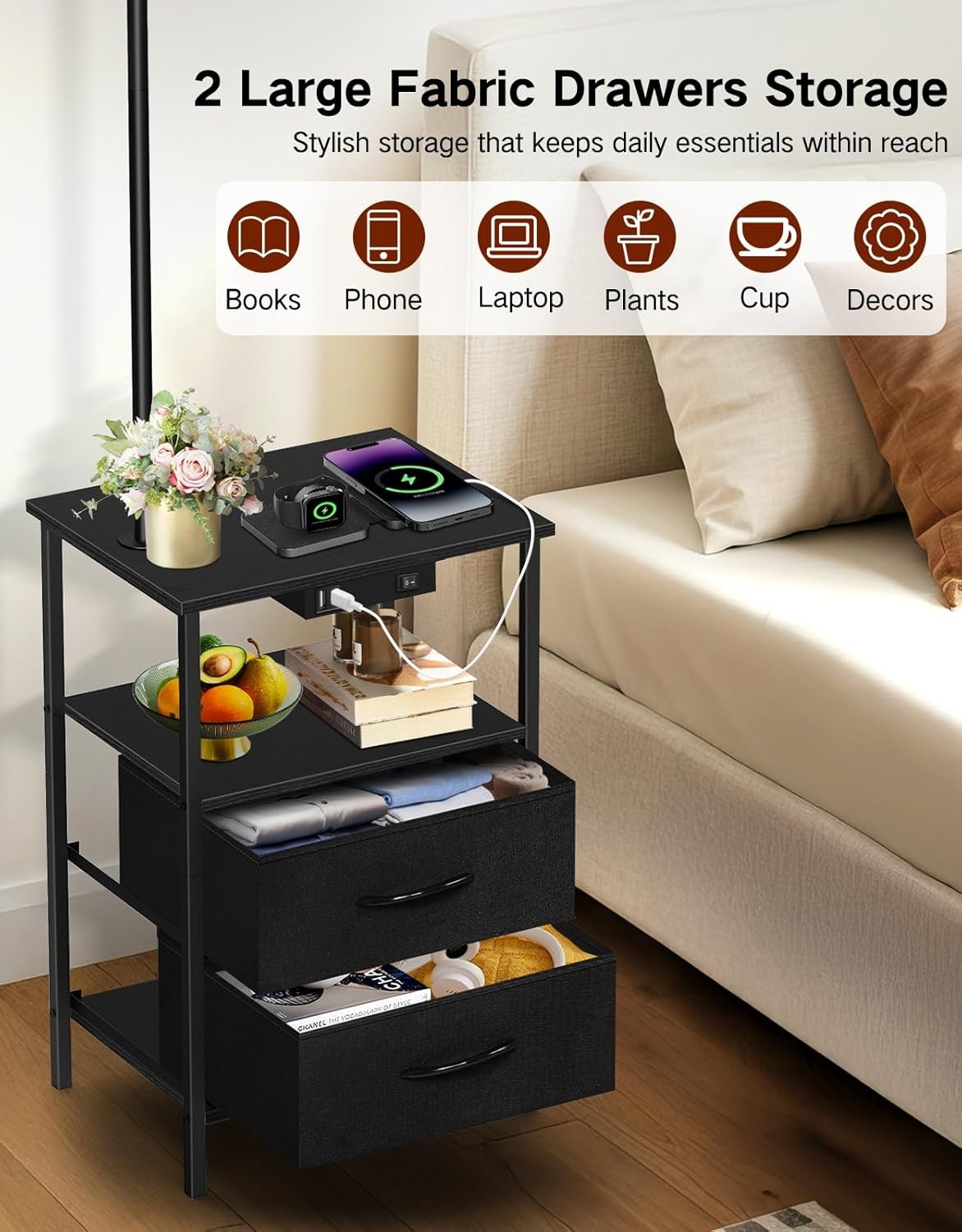 Floor Lamp with Table & Drawers, Dimmable LED, Remote, USB Charging