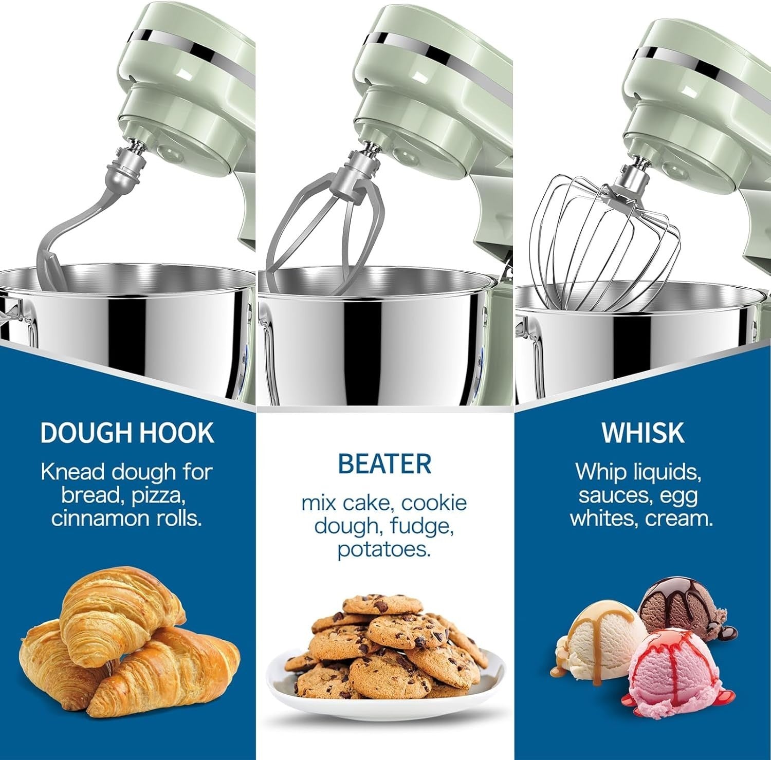 5QT 1000W Stand Mixer 8-Speed Tilt-Head Food Mixer Green Stainless Steel