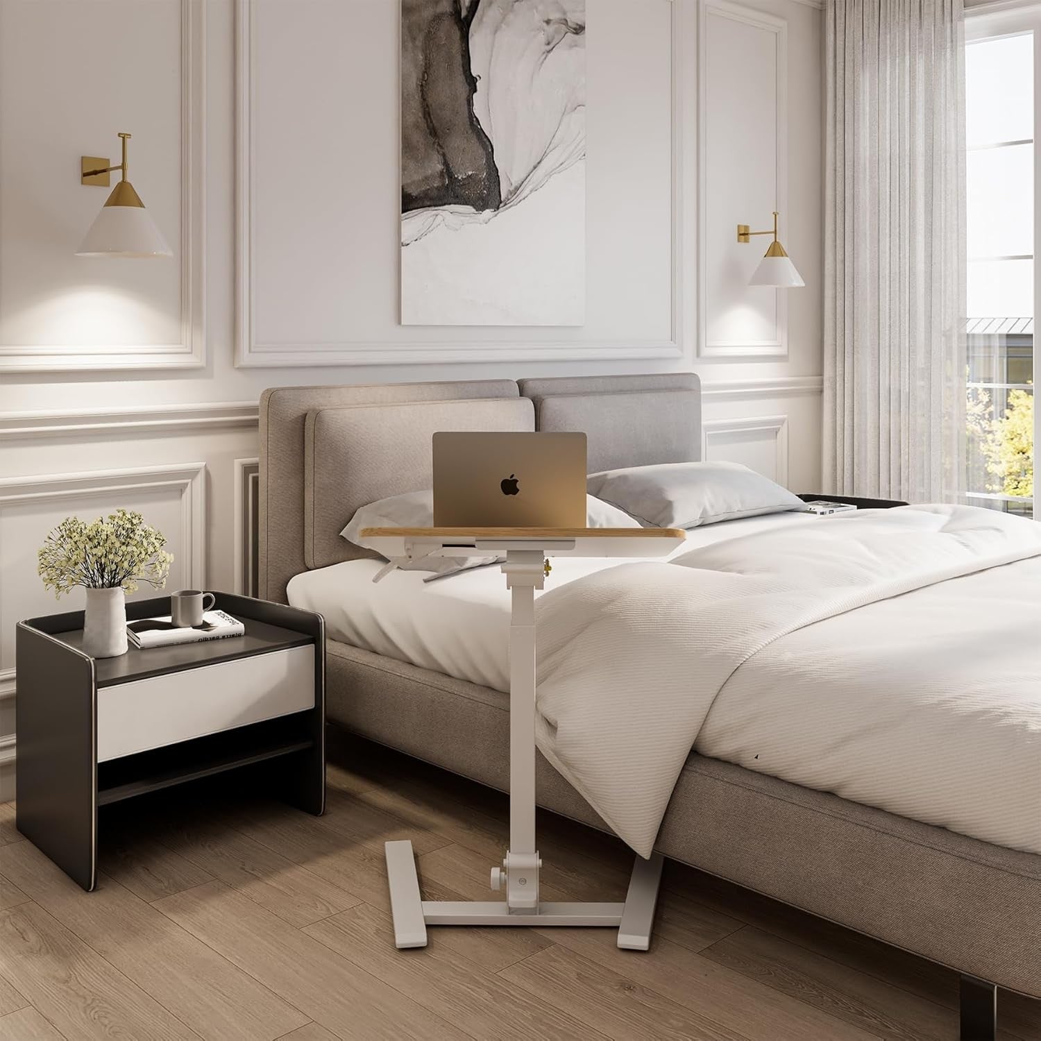 Beige Mobile Folding Desk with Wheels Height Adjustable Sit Stand Table