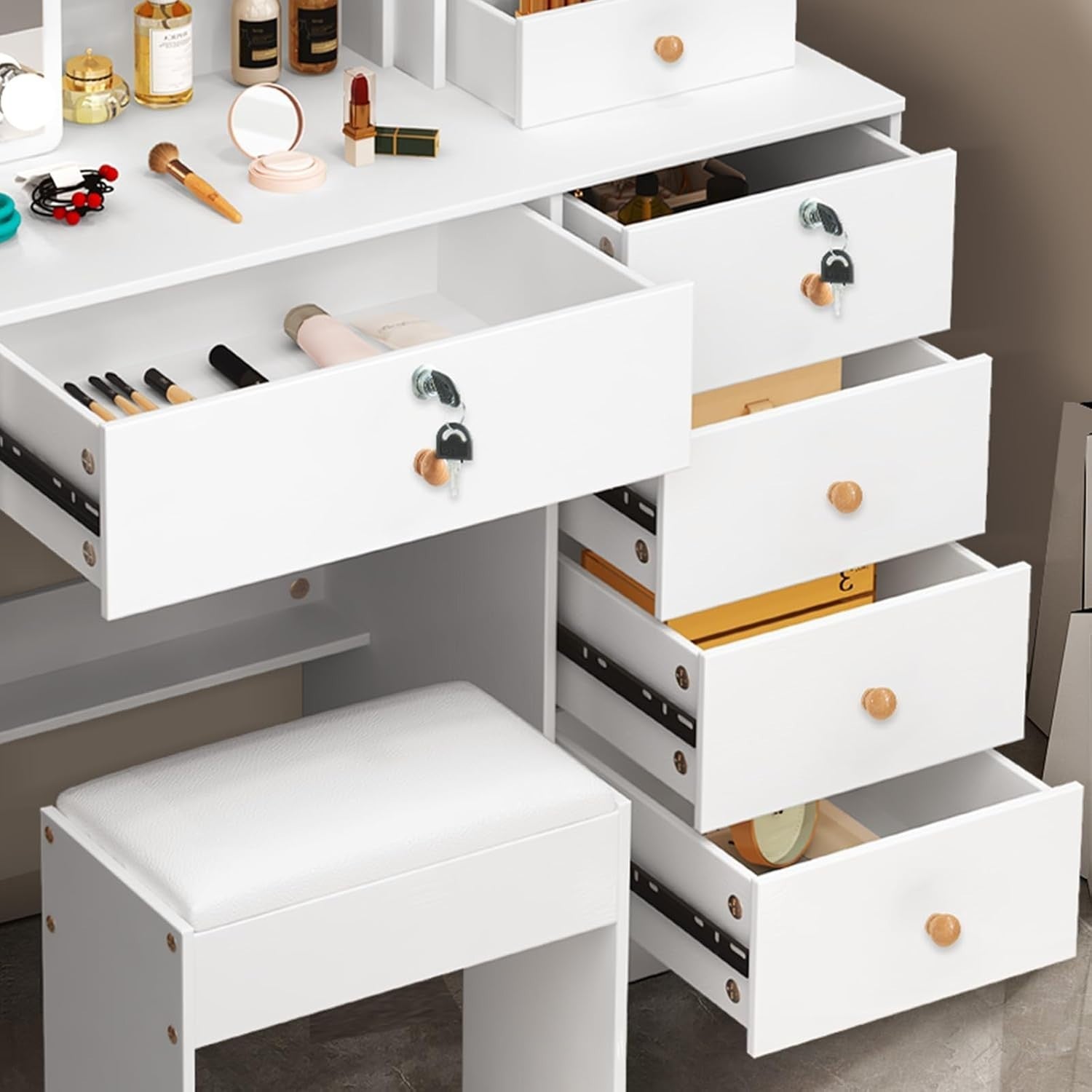 White Modern Vanity Table Set LED Mirror 5 Drawers Dressing Desk Wood