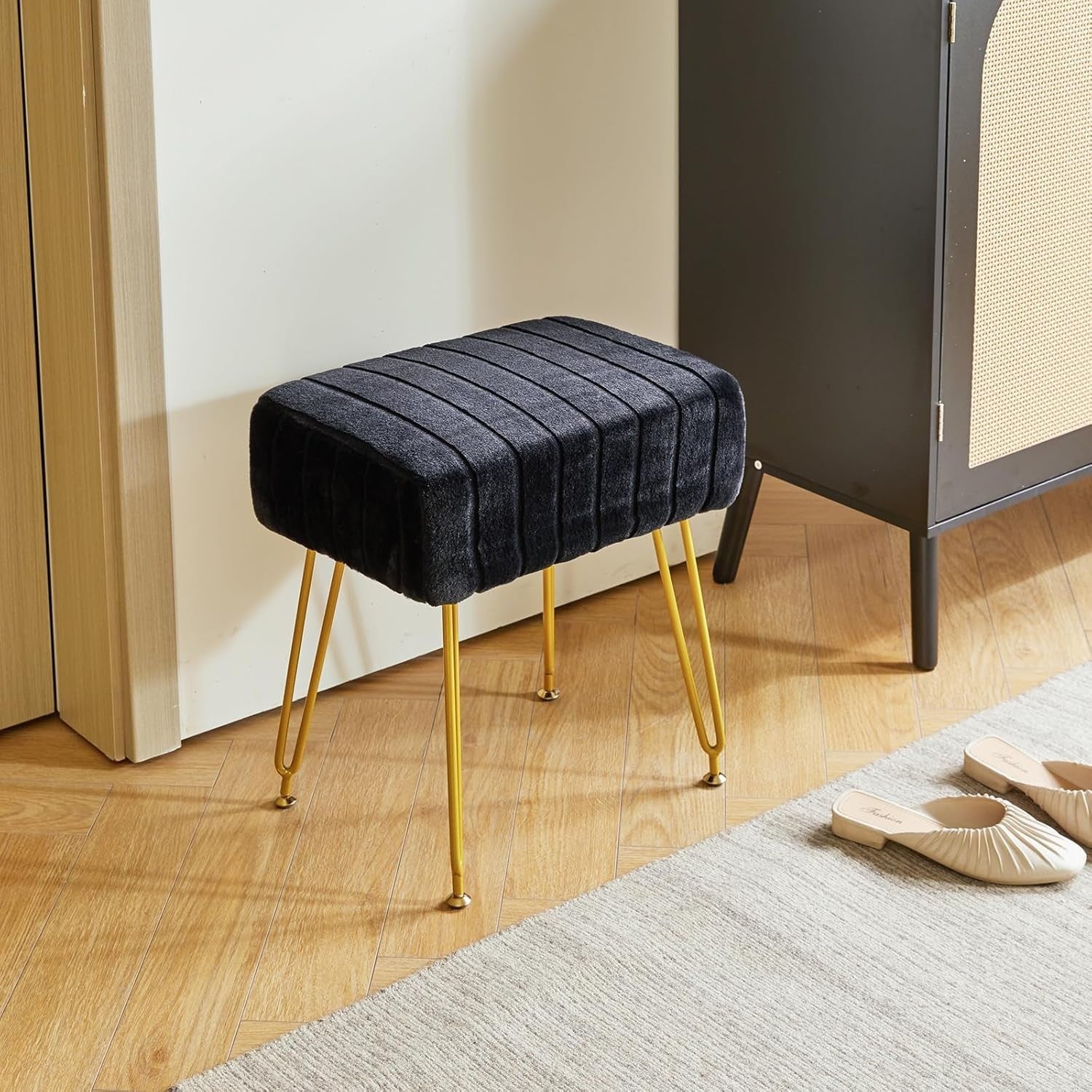 Black Velvet Rectangular Footrest Stool – Modern Vanity Seat with Metal Legs