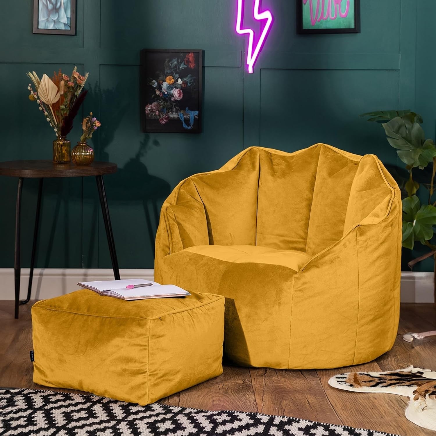 Yellow Velvet Bean Bag Chair with Footstool Adult Lounge Seat Set UK