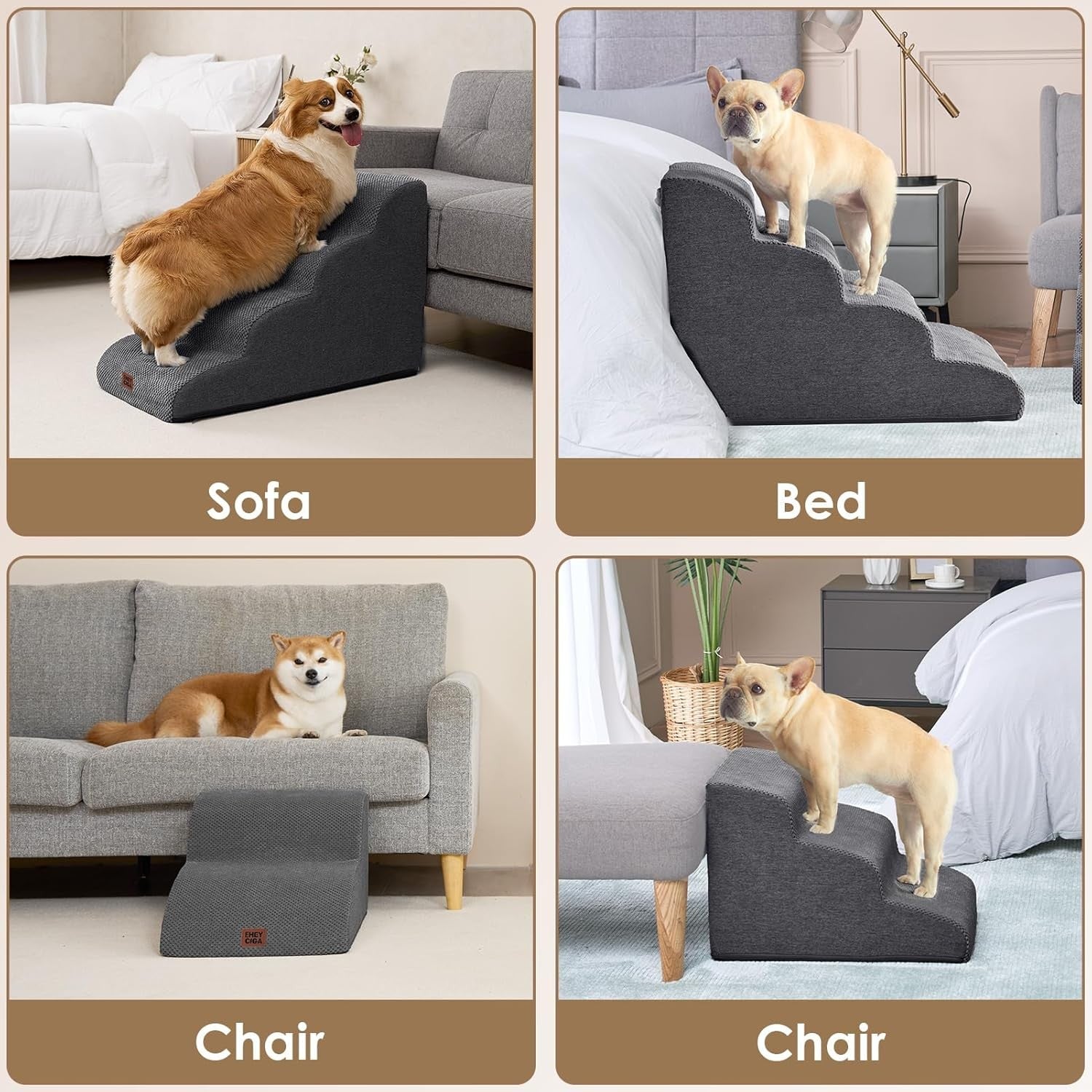 2 Step Dog Stairs for Sofa Non Slip Foam Pet Steps Washable Grey