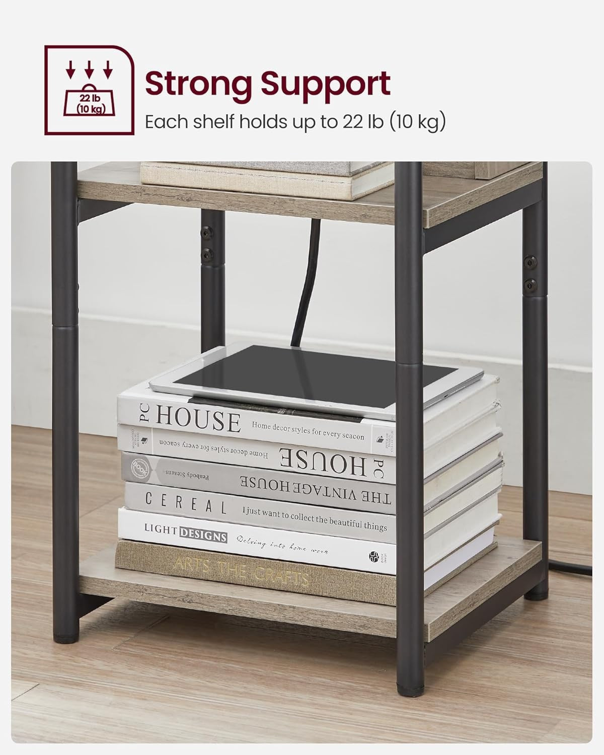 Narrow Side Table with USB & AC Charging Ports, 3-Tier 30x34x58cm Table
