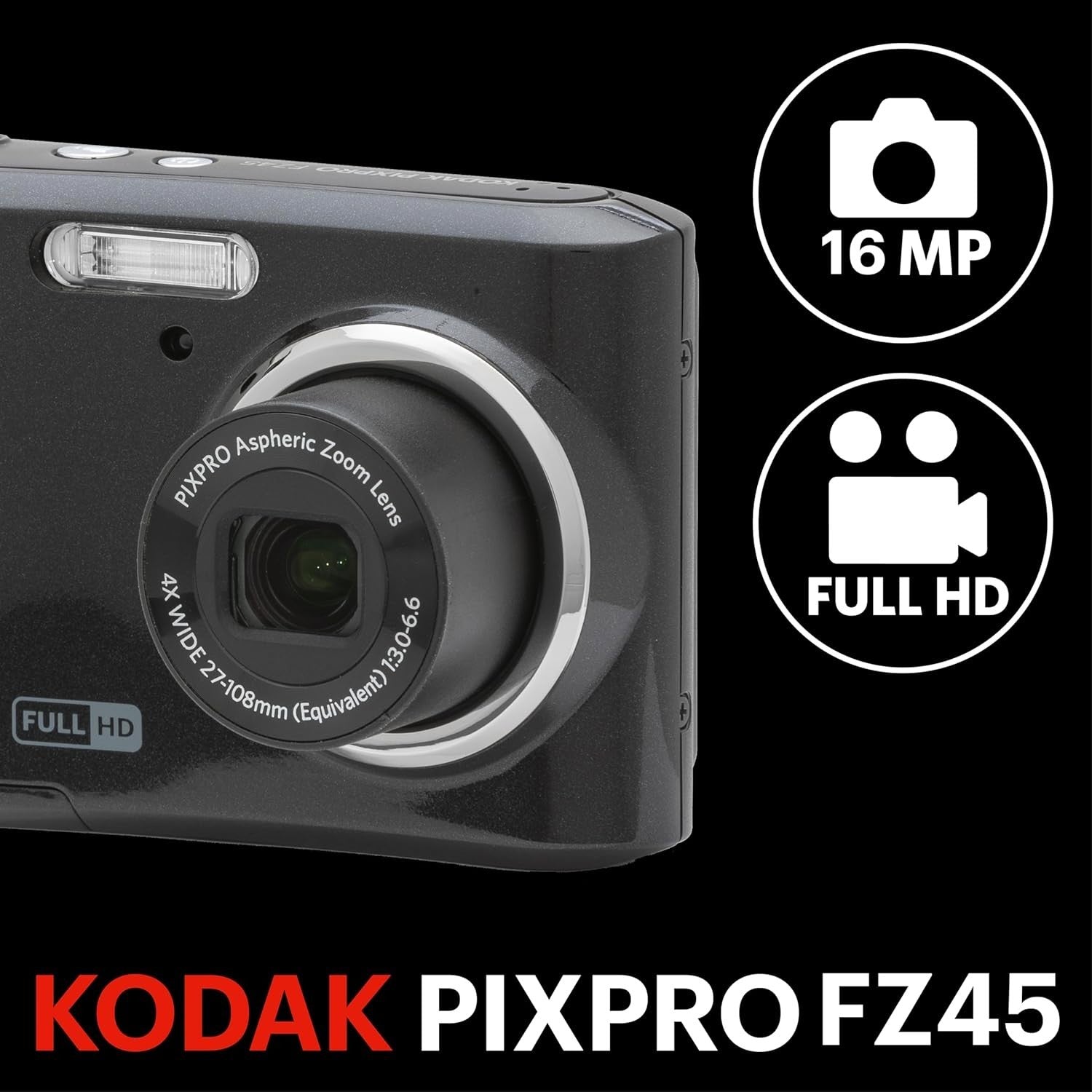 16MP Compact Digital Camera 4X Optical Zoom HD Video LCD Black Camera