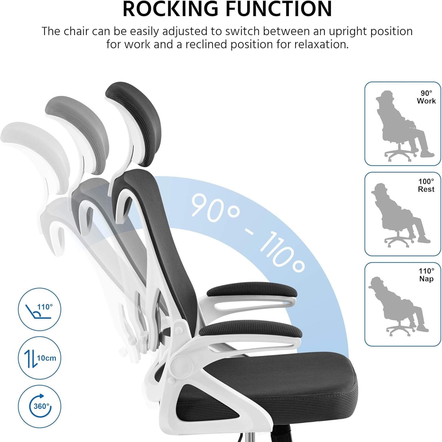 Mesh Ergonomic Office Chair Tall Back Adjustable Headrest Lumbar Flip-Up Arms Wh