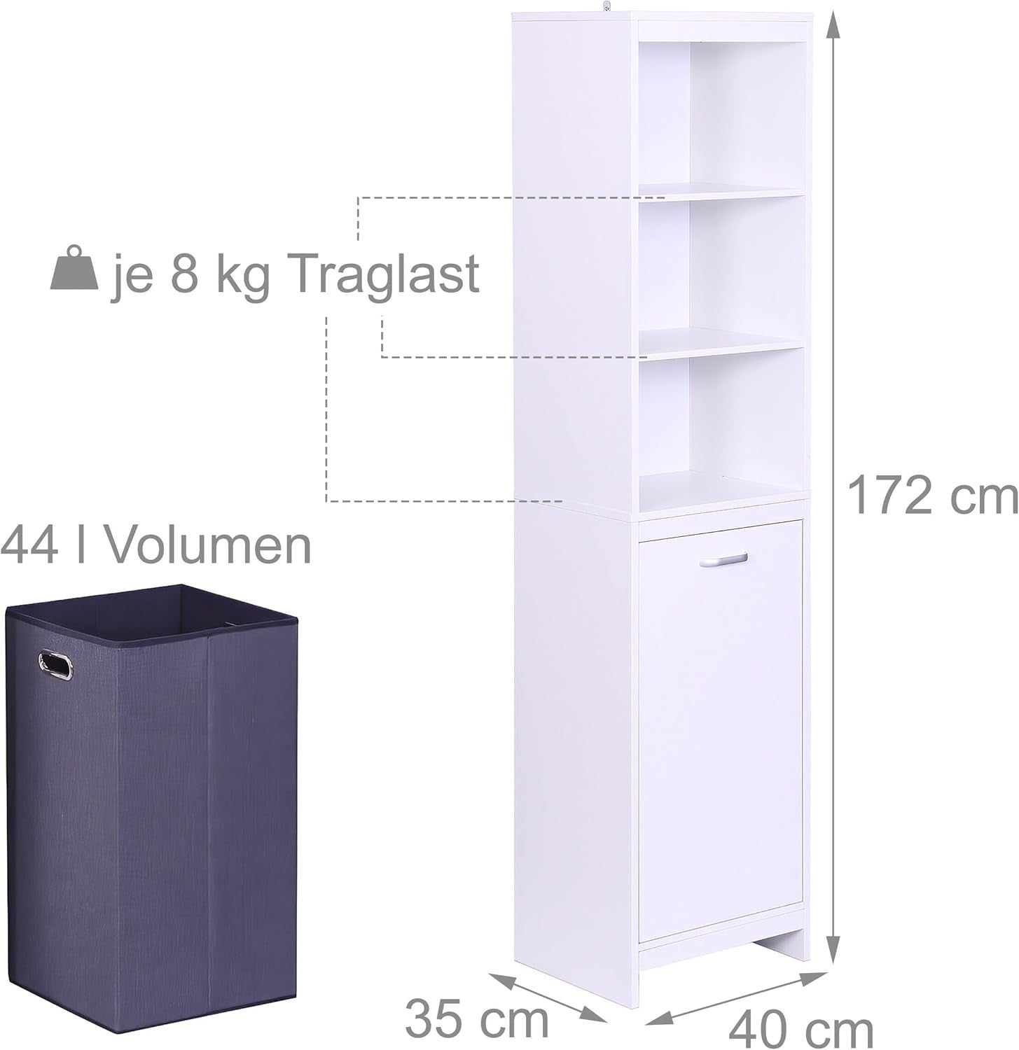Tall Laundry Cabinet with Fold Out Hamper White Bathroom Storage Unit
