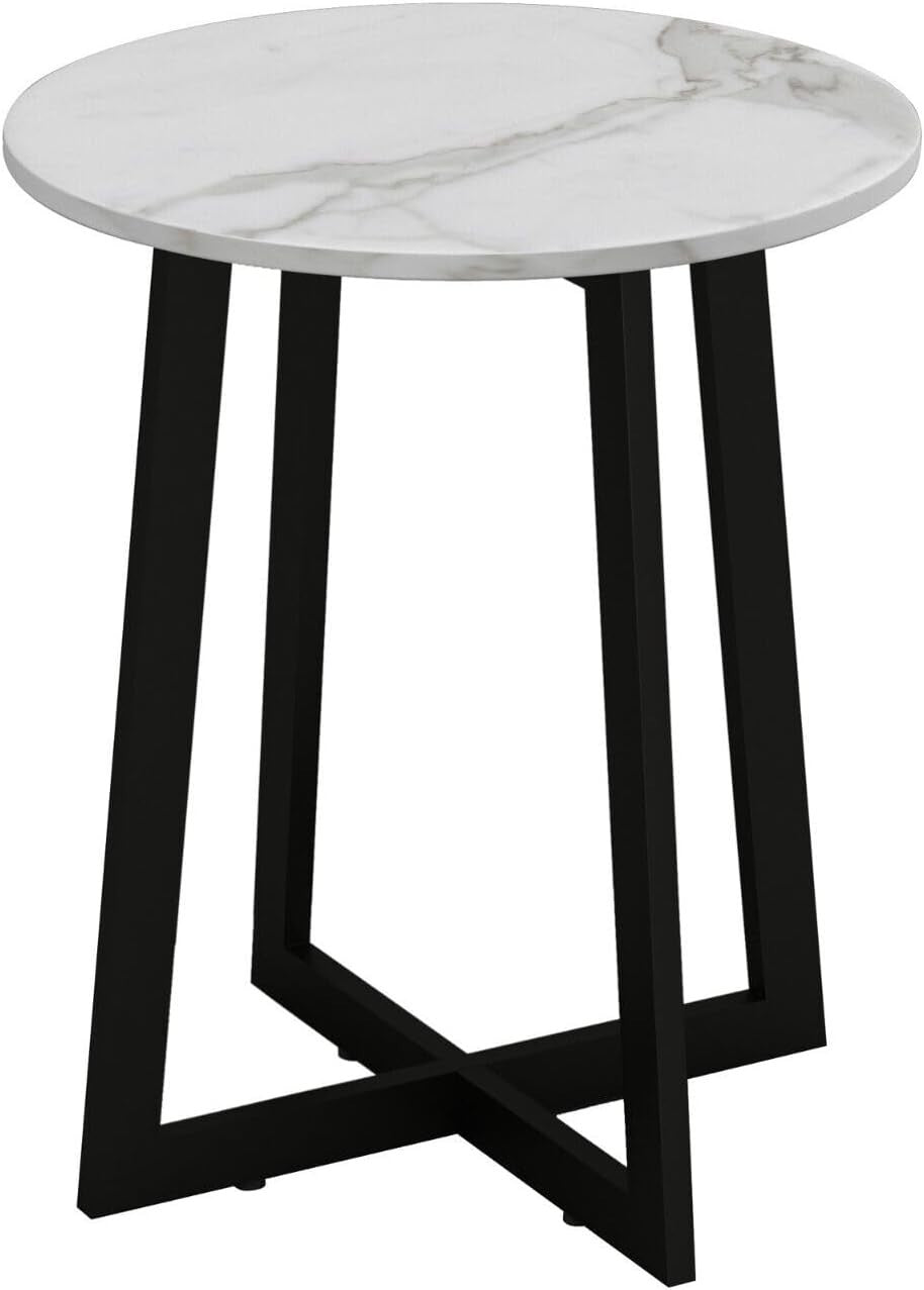 40cm Round White Marble Look Coffee Side End Table Small Modern Steel Legs