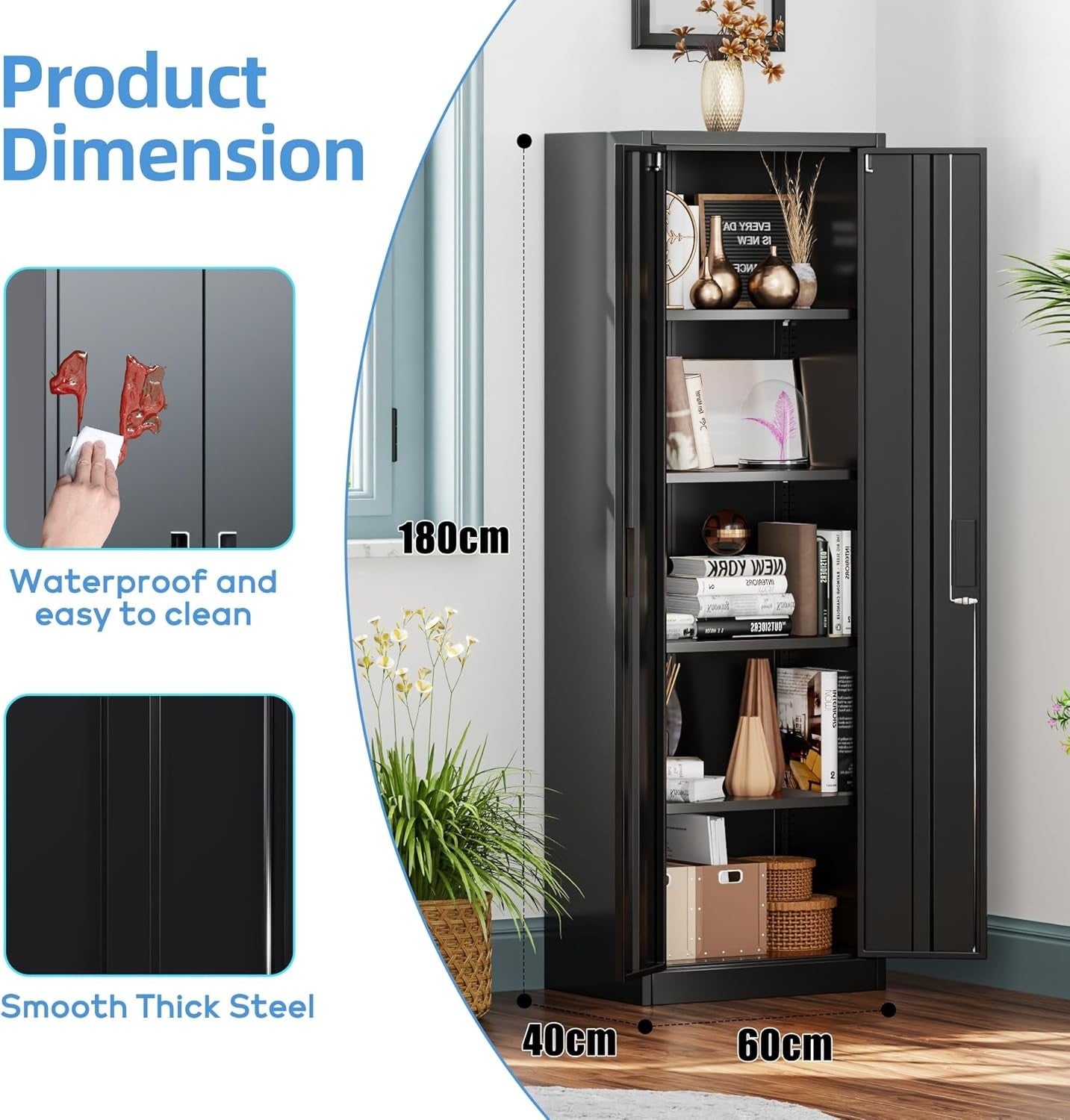 Metal Storage Cabinet 2 Door Lockable Steel Cupboard Adjustable Shelves 180cm