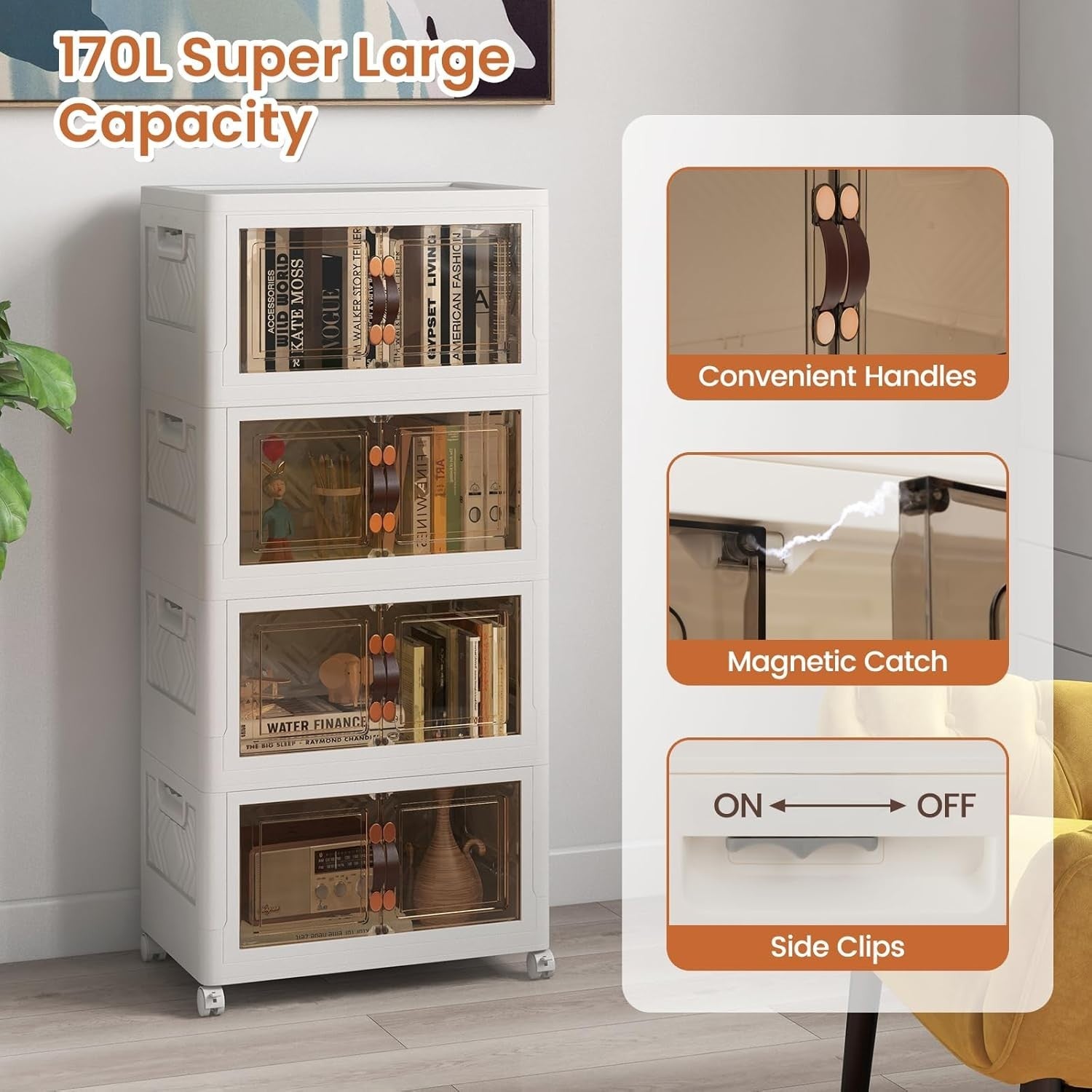 4-Tier Lockable Wheeled Shoe Storage Cabinet Folding Stackable Organizer