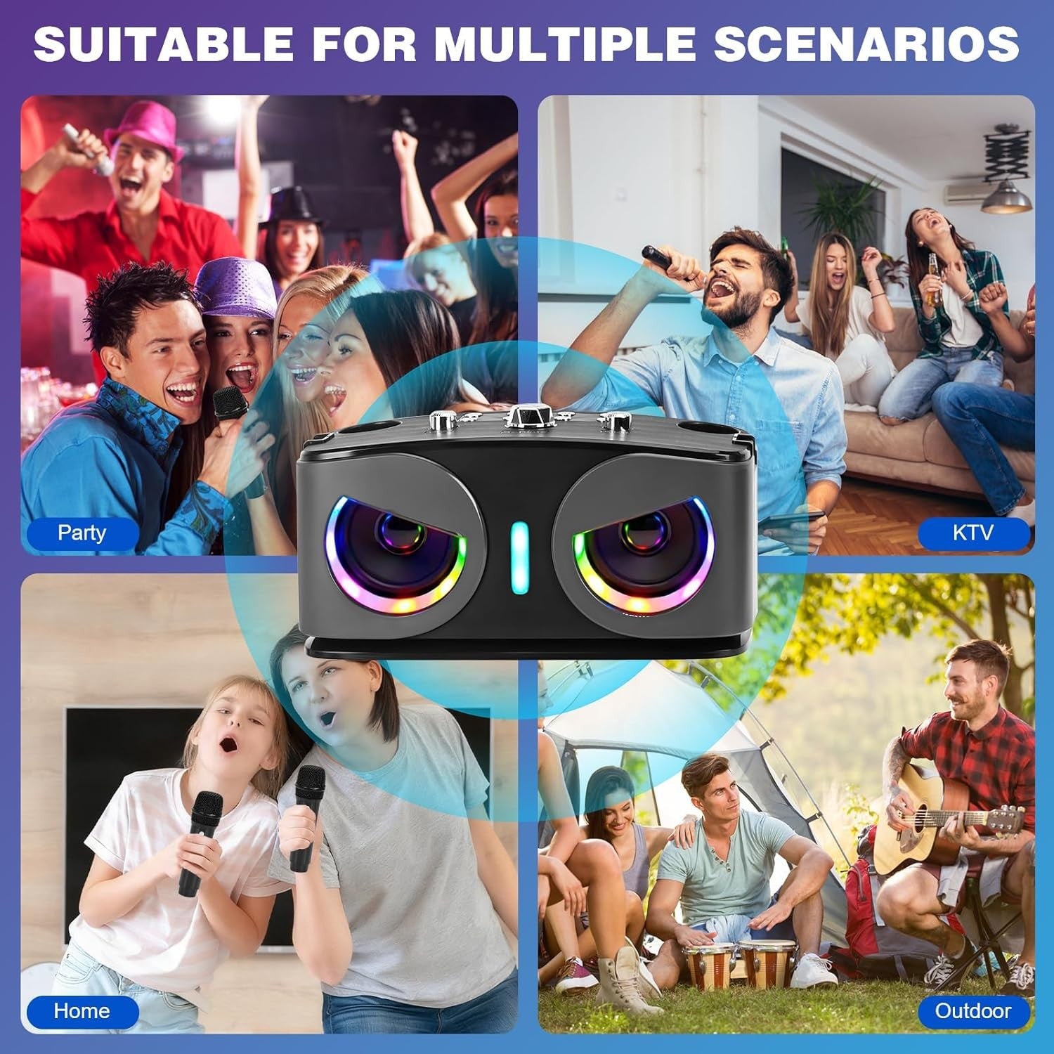 Bluetooth Karaoke Machine with 2 Wireless Mics LED Party Speaker