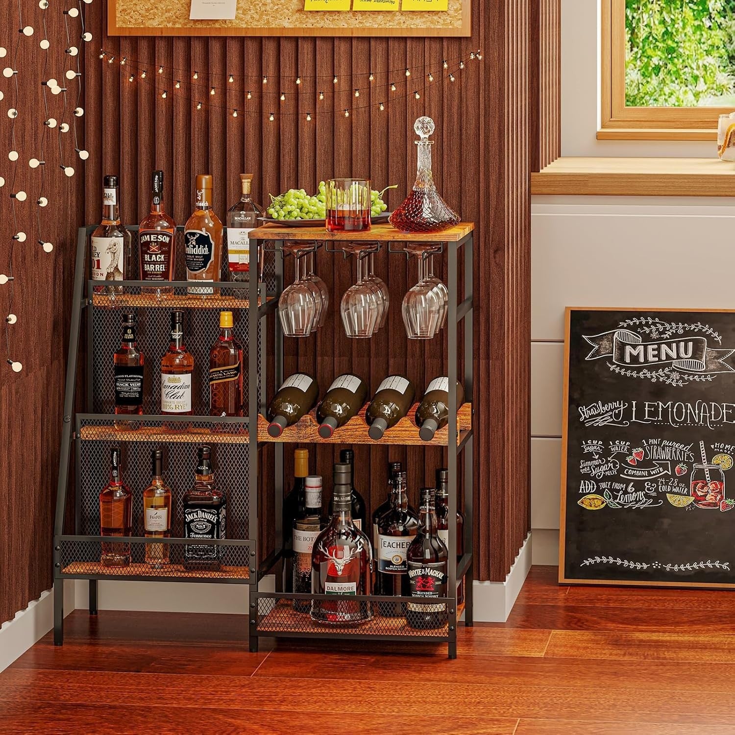 Freestanding Home Bar Liquor Rack with Glass Holder, 3-Tier Wine Display Shelf