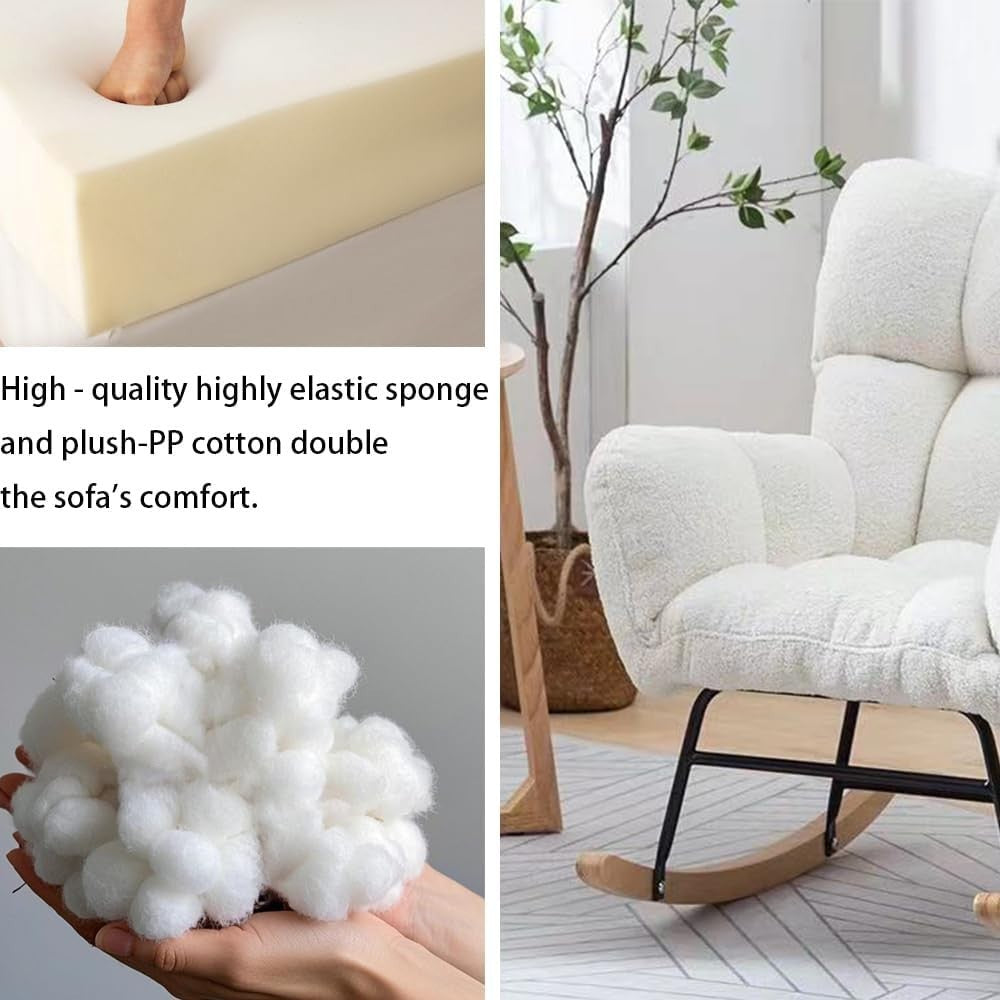 White Bouclé Rocking Chair with Arms, Comfy Sofa Accent Seat 49D x 54W