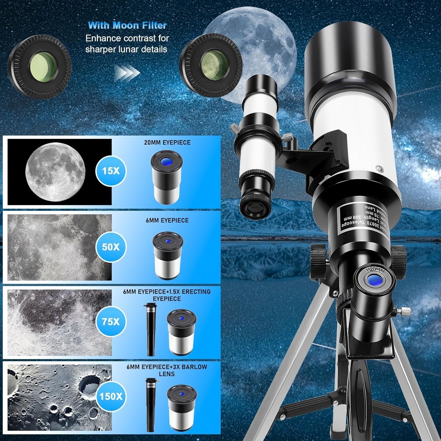 Portable 70mm Kids & Adults Telescope 150X Refractor with Tripod & Phone Mount