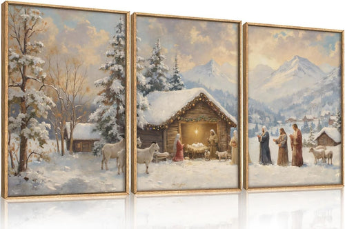 Nativity Framed Canvas Wall Art Set 3 Christian Christmas Winter Decor