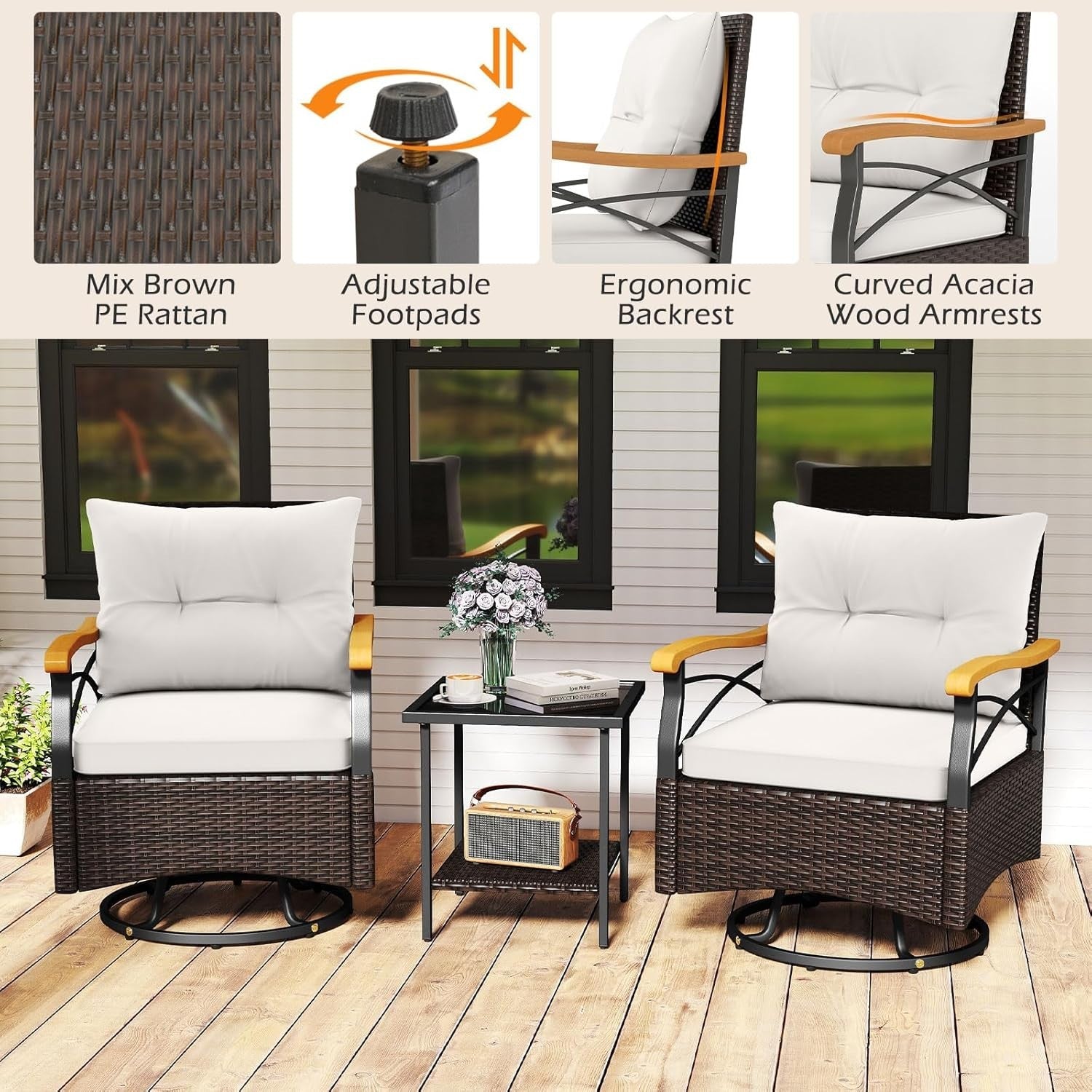 3PC Rattan Swivel Rocking Chairs Bistro Set Patio Garden Table Cushions