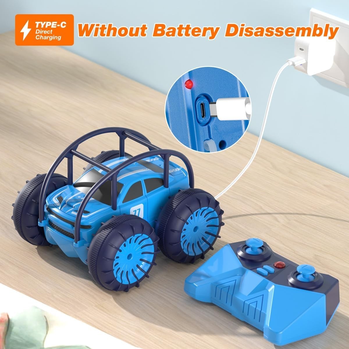 Amphibious RC Car 4WD – Fast USB-C Charge, 360° Flip, LED Stunt Toy